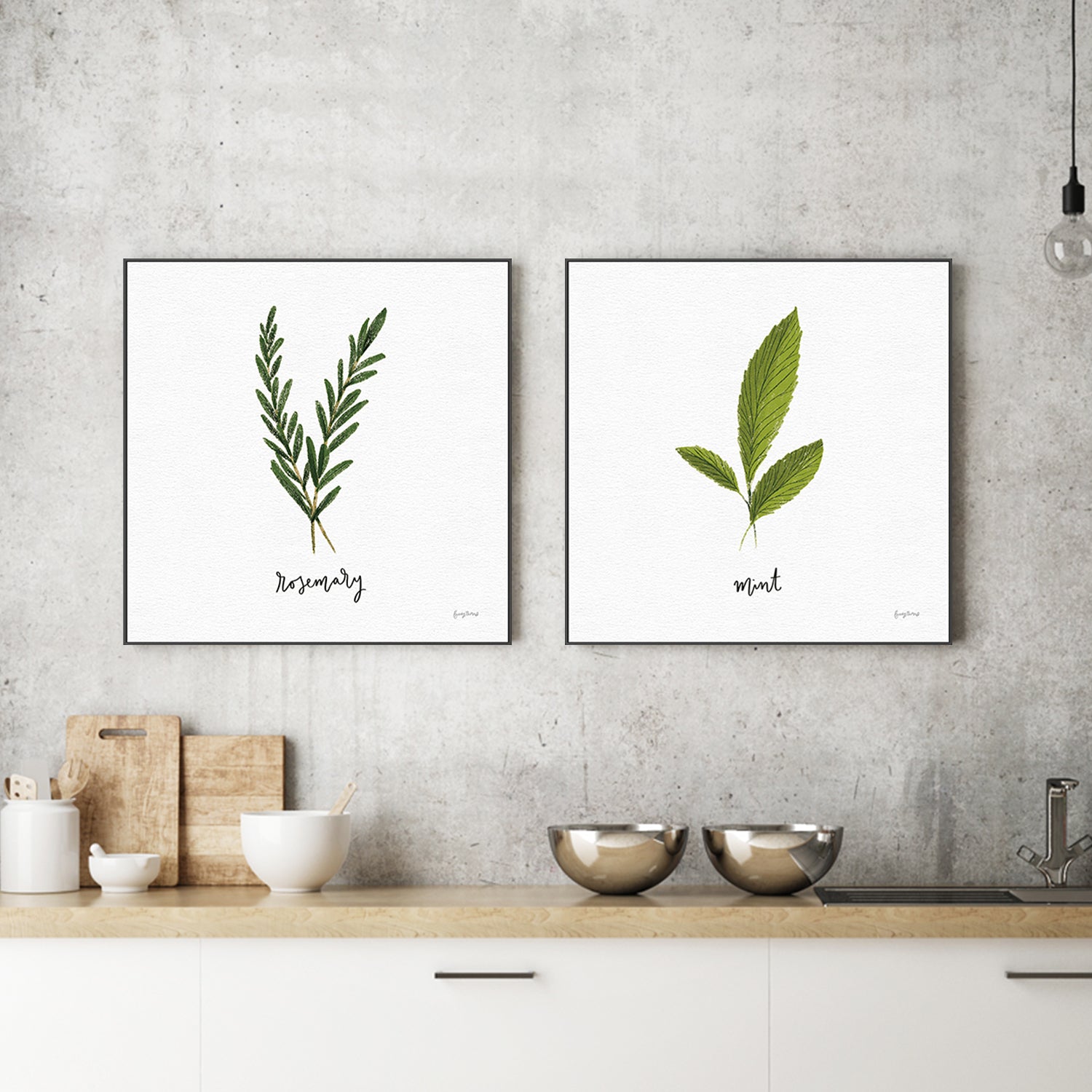 wall-art-print-canvas-poster-framed-Rosemary Herbs White Style B & Mint Herbs White Style F, Set Of 2 , By Becky Thorns-2