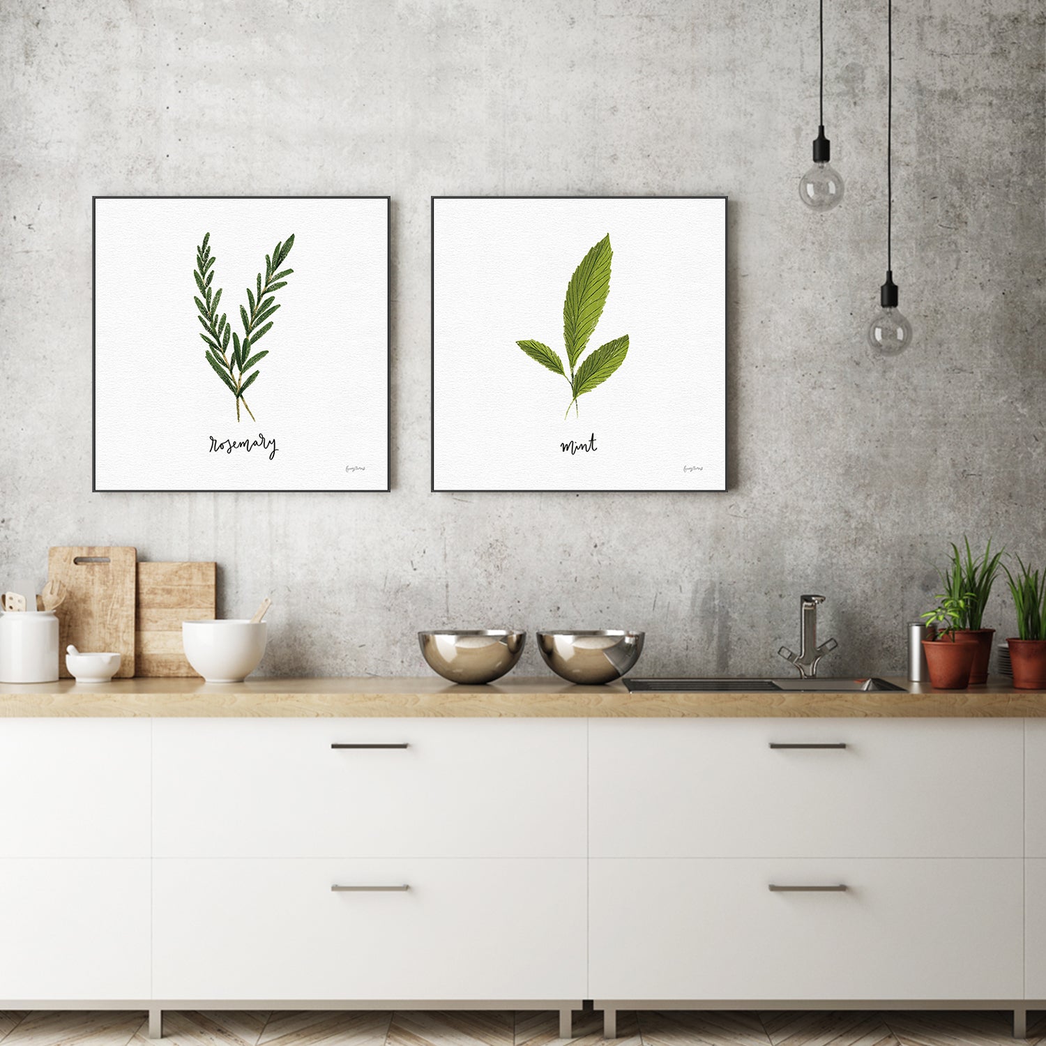 wall-art-print-canvas-poster-framed-Rosemary Herbs White Style B & Mint Herbs White Style F, Set Of 2 , By Becky Thorns-7