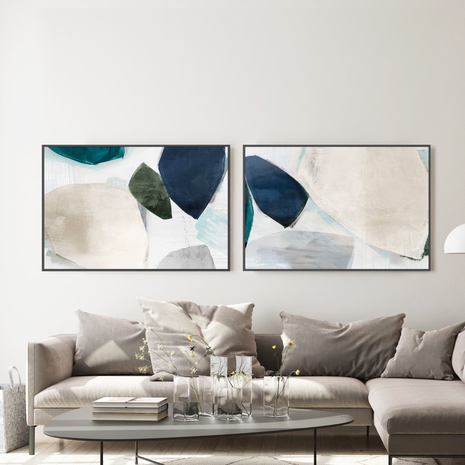 wall-art-print-canvas-poster-framed-Shapes of Blue Blobs, Style A & B, Set Of 2-2