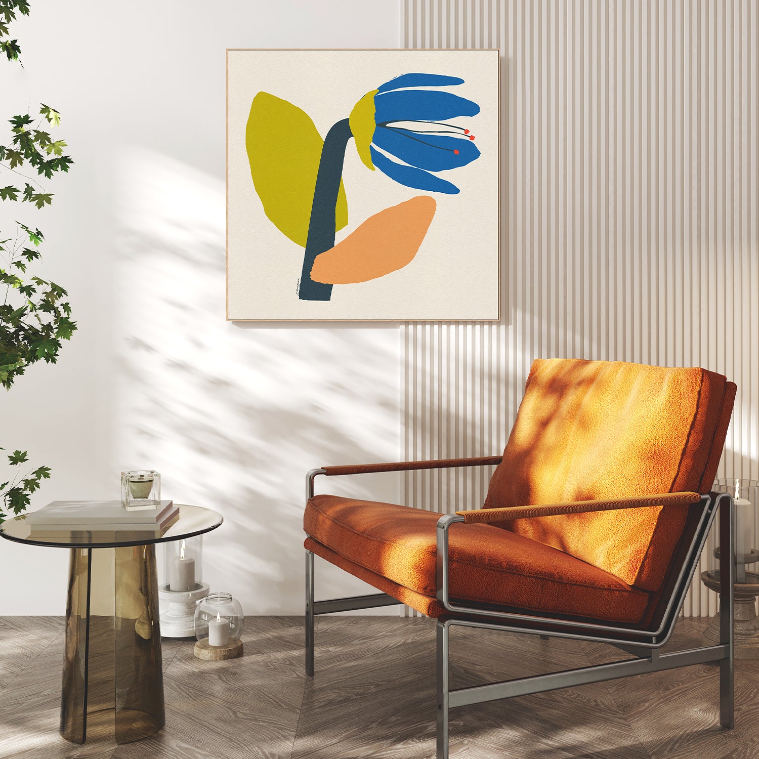 wall-art-print-canvas-poster-framed-Single Blue Flower With Cream Leaf-7