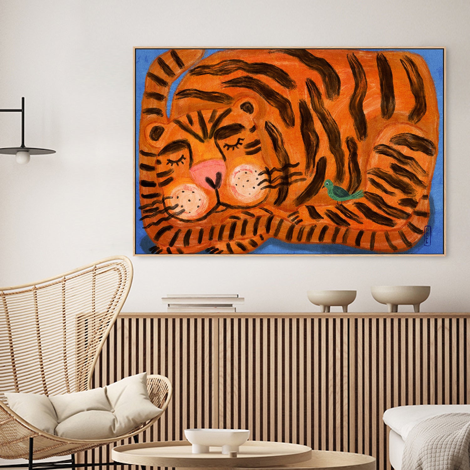 wall-art-print-canvas-poster-framed-Sleeping Tiger and a Bird Animal Friends-2