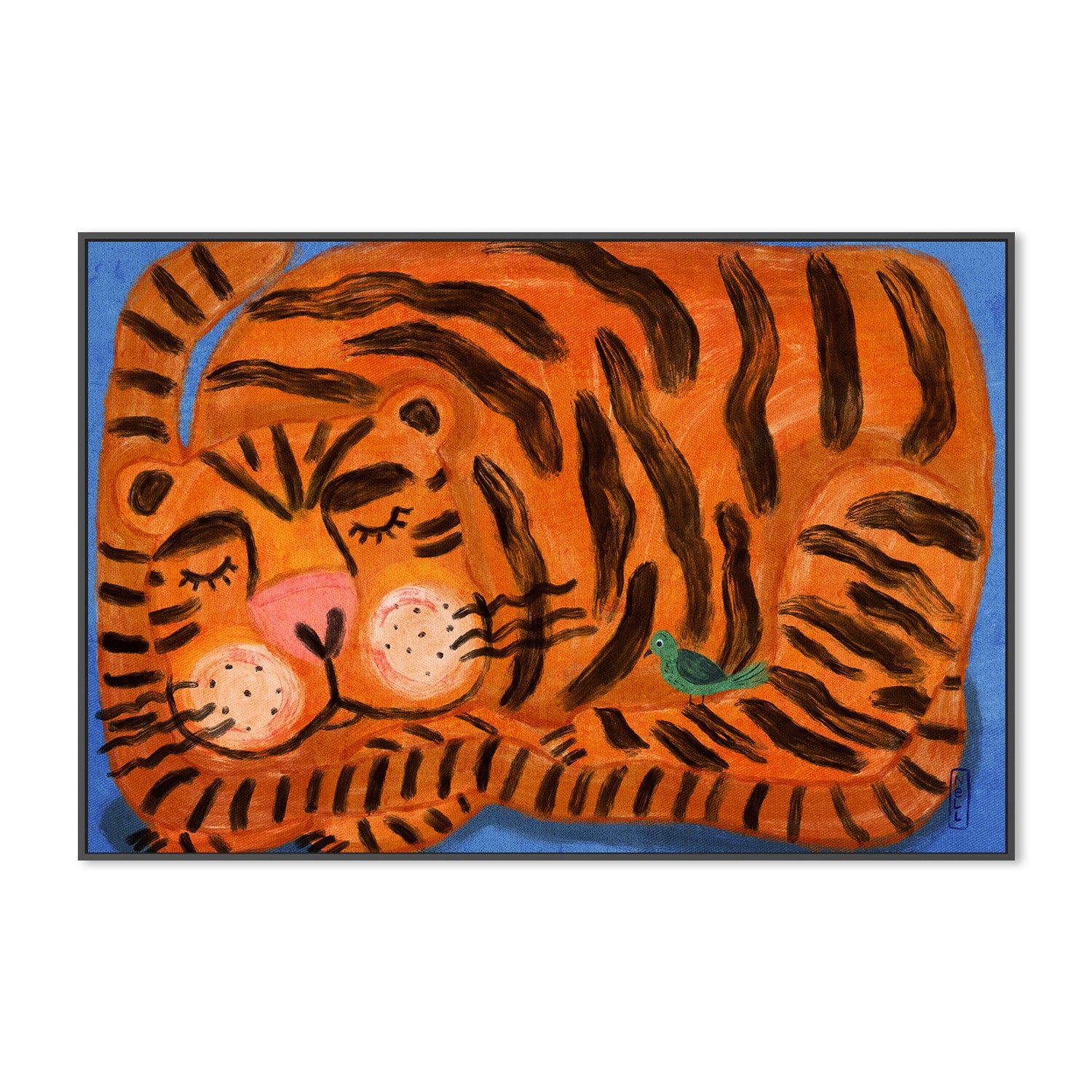 wall-art-print-canvas-poster-framed-Sleeping Tiger and a Bird Animal Friends-3