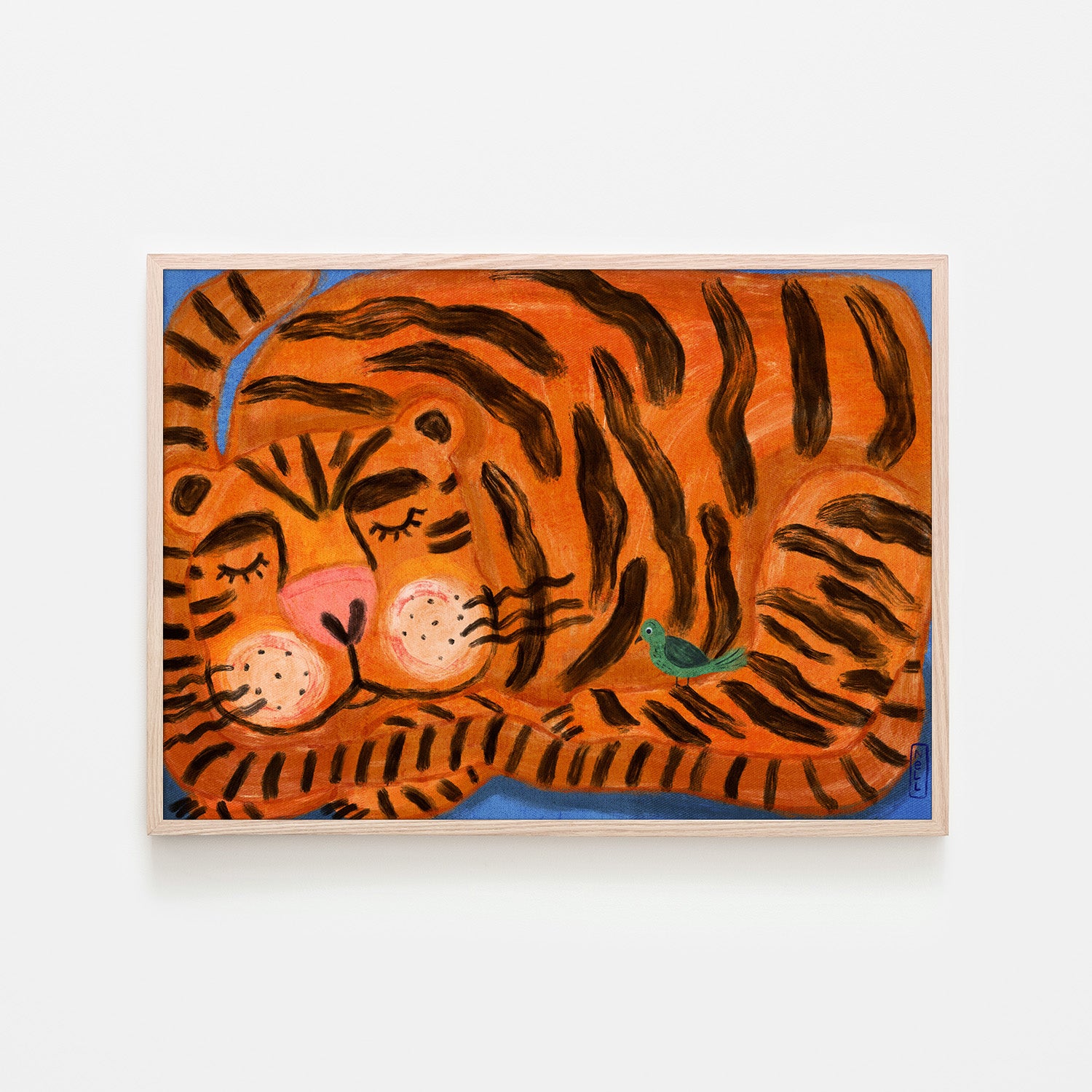 wall-art-print-canvas-poster-framed-Sleeping Tiger and a Bird Animal Friends-6