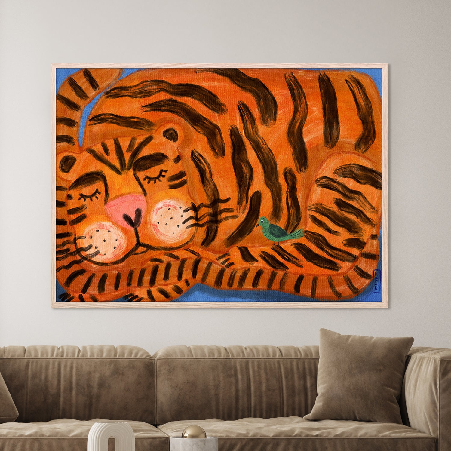 wall-art-print-canvas-poster-framed-Sleeping Tiger and a Bird Animal Friends-7