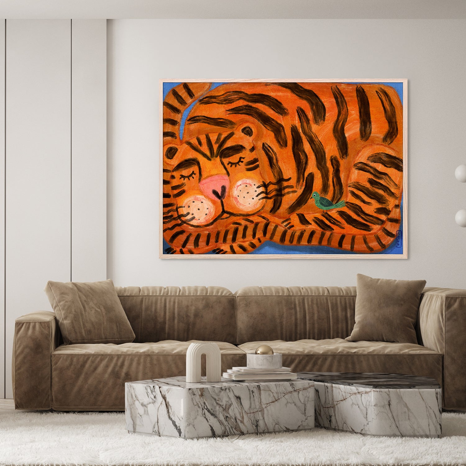 wall-art-print-canvas-poster-framed-Sleeping Tiger and a Bird Animal Friends-8