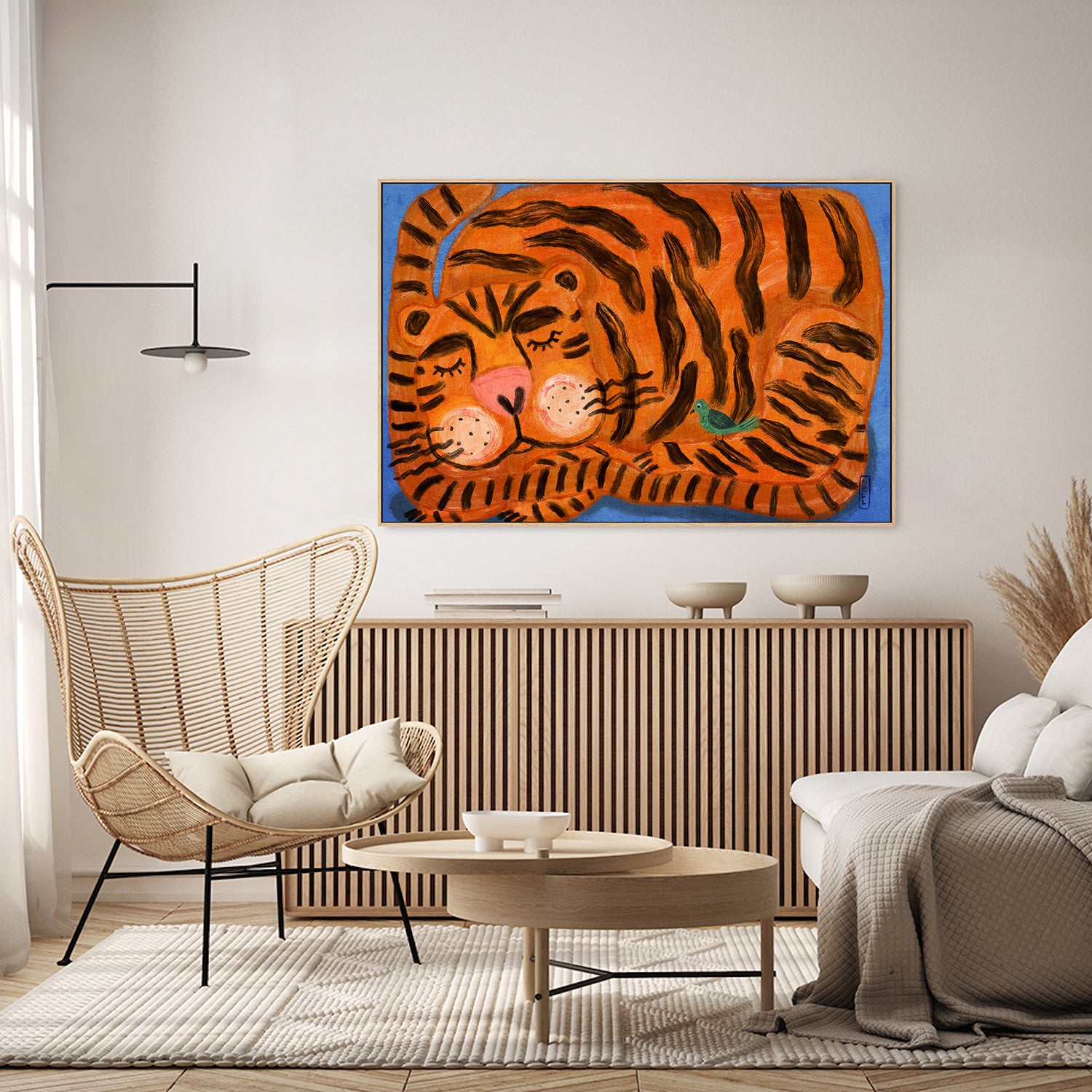 wall-art-print-canvas-poster-framed-Sleeping Tiger and a Bird Animal Friends-9