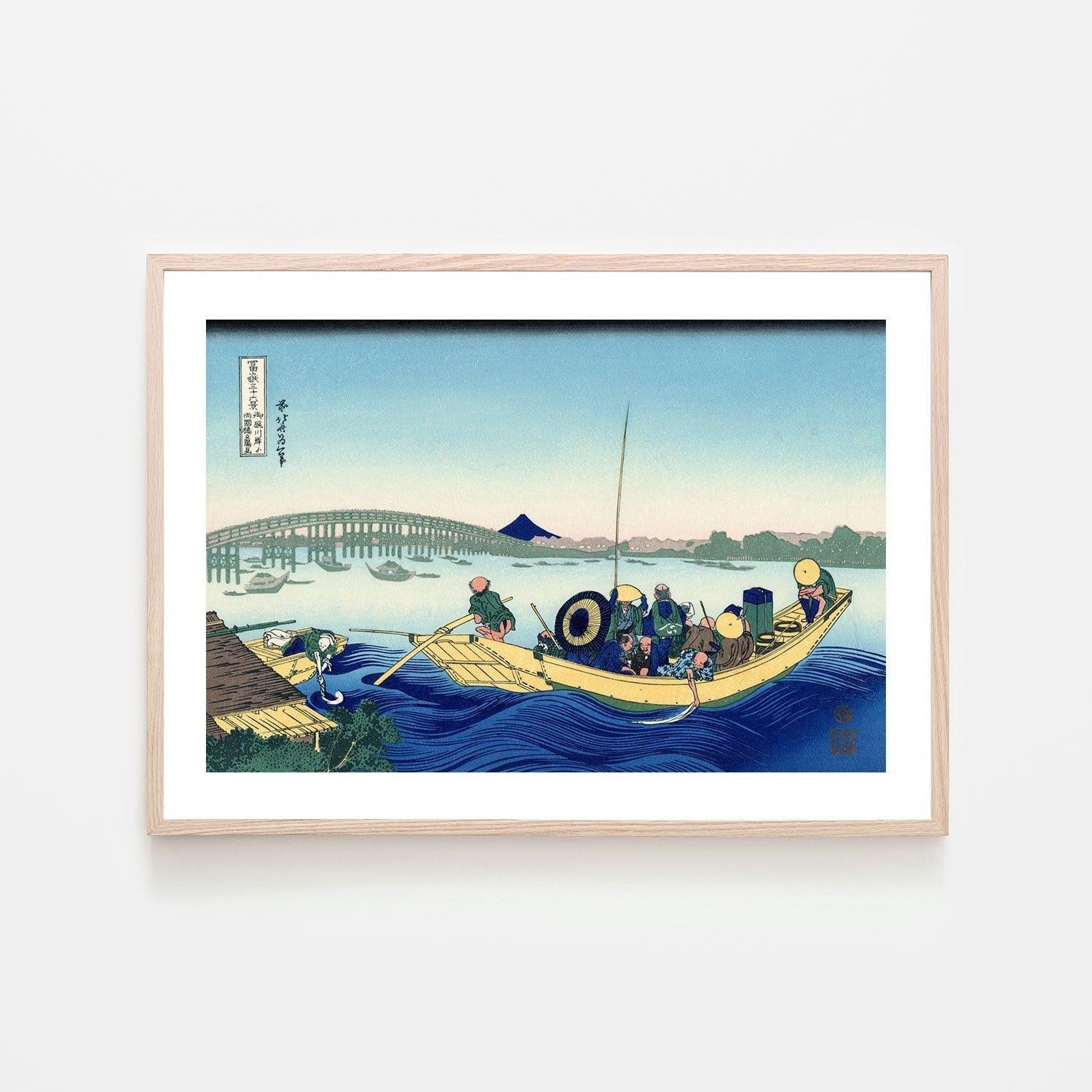 wall-art-print-canvas-poster-framed-Sunset across the Ryogoku bridge from the bank of the Sumida river at Onmagayashi-by-Katsushika Hokusai-Gioia Wall Art
