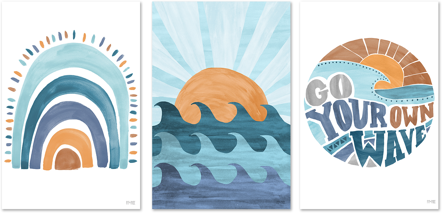 wall-art-print-canvas-poster-framed-Sunset Surf, Style A, Set of 3 , By Pip and Phee-1