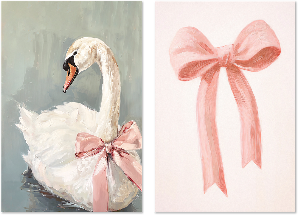 wall-art-print-canvas-poster-framed-Swan & Pink Bow, Set Of 2 , By Lady Hana-1