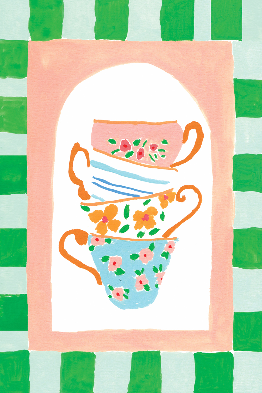 Tea Cups On Checkers , By Inez Jestine Wall Art Print Framed Canvas Gioia Wall Art