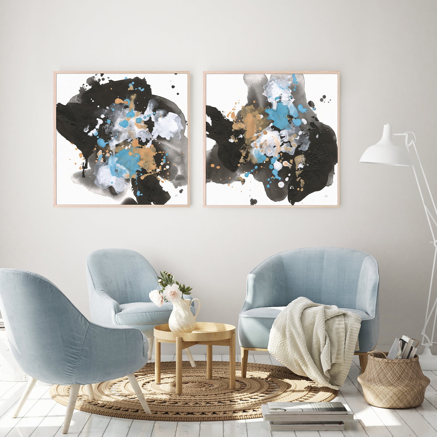 wall-art-print-canvas-poster-framed-Teal Chaos, Style A & B, Set Of 2-8