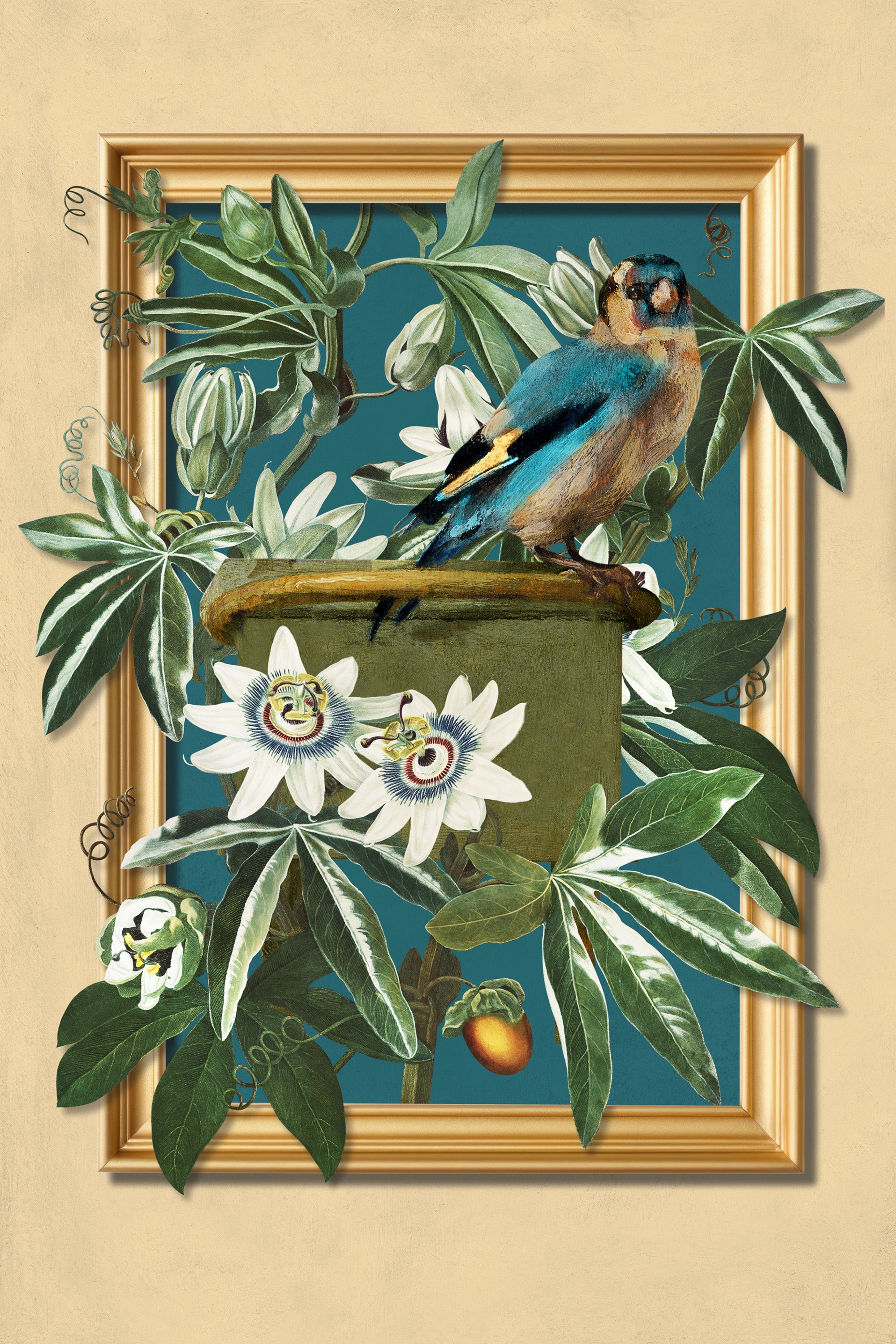 wall-art-print-canvas-poster-framed-The Goldfinch and the Passion Flowers-1