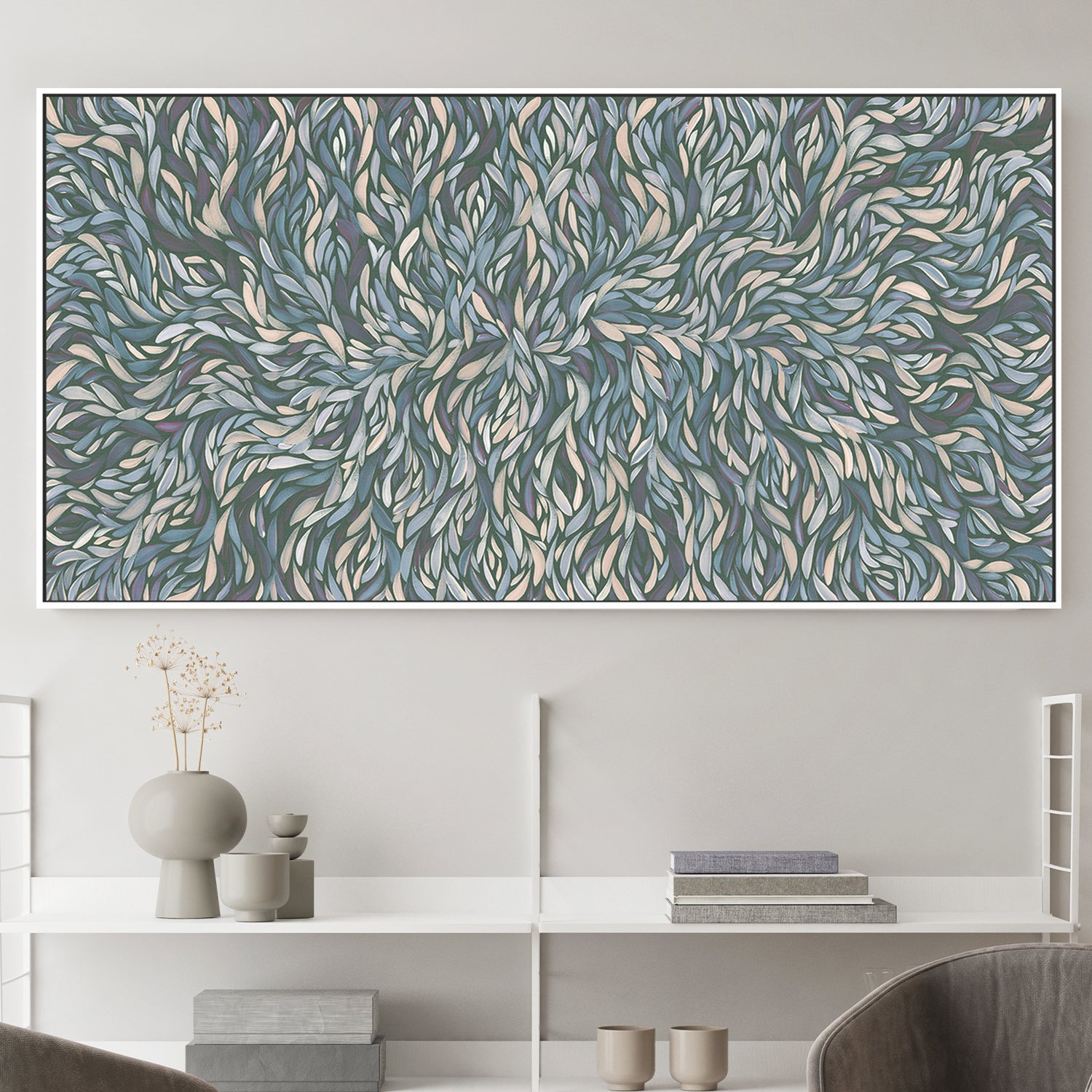 wall-art-print-canvas-poster-framed-Tumbetin Baibaiye, Healing Leaves, Purple Beige and Cream, Blue Tone , By Emma Rigney-2