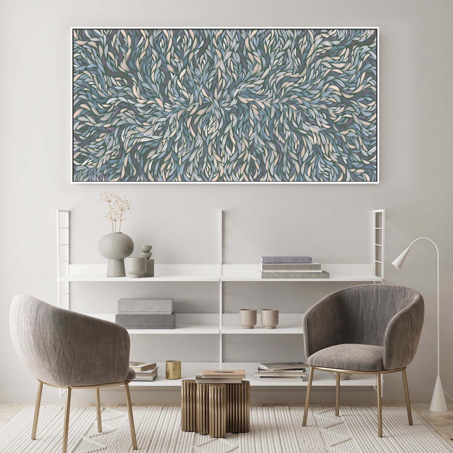 wall-art-print-canvas-poster-framed-Tumbetin Baibaiye, Healing Leaves, Purple Beige and Cream, Blue Tone , By Emma Rigney-7