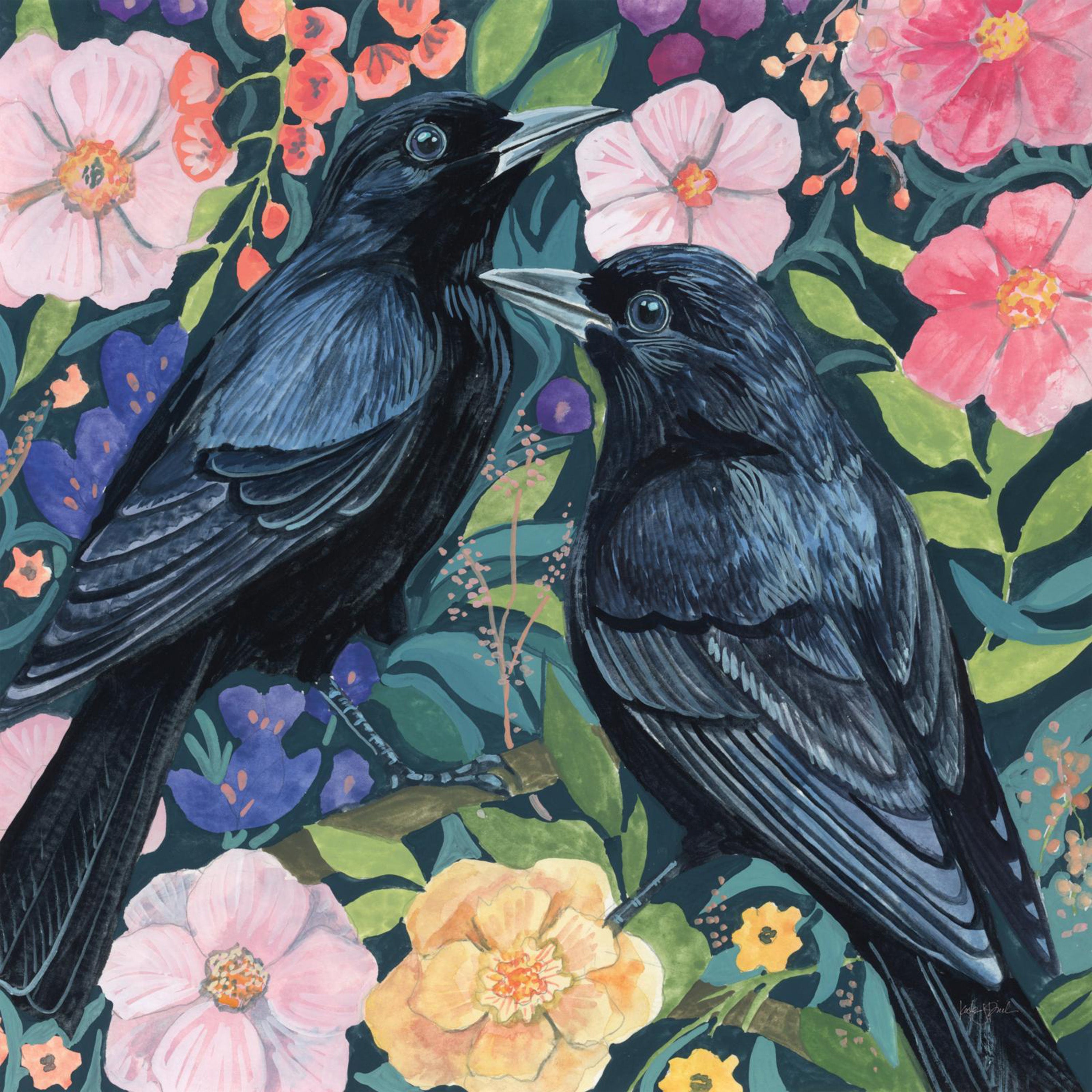 wall-art-print-canvas-poster-framed-Two Crows on Flowers-1