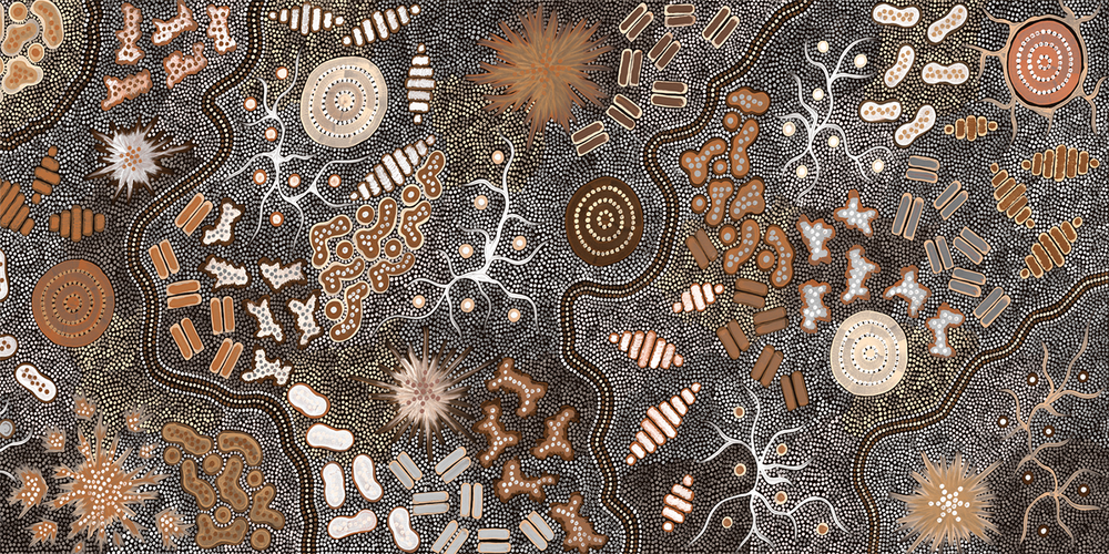 wall-art-print-canvas-poster-framed-Waterhole Bush Tucker Dreaming, Style A, Burned Orange Tones , By Azeza Possum-1
