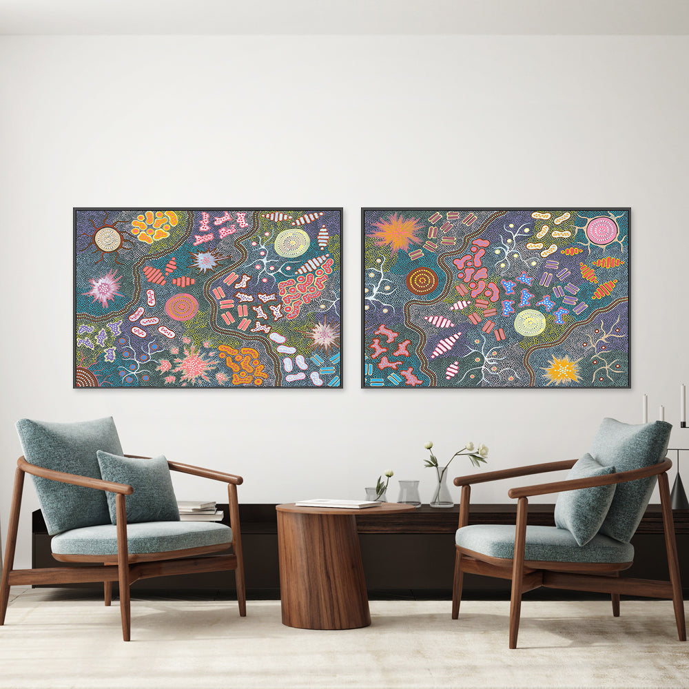 wall-art-print-canvas-poster-framed-Waterhole Bush Tucker Dreaming, Style A & B, Set Of 2 , By Azeza Possum-GIOIA-WALL-ART