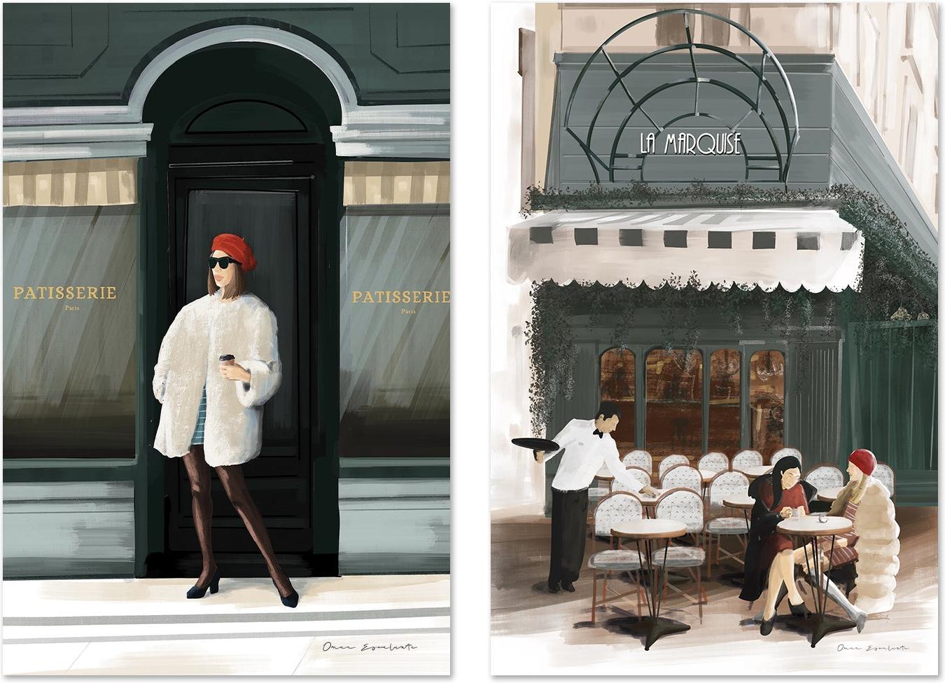 wall-art-print-canvas-poster-framed-Girl in Paris Bistro, Set Of 2 , By Omar Escalante-GIOIA-WALL-ART