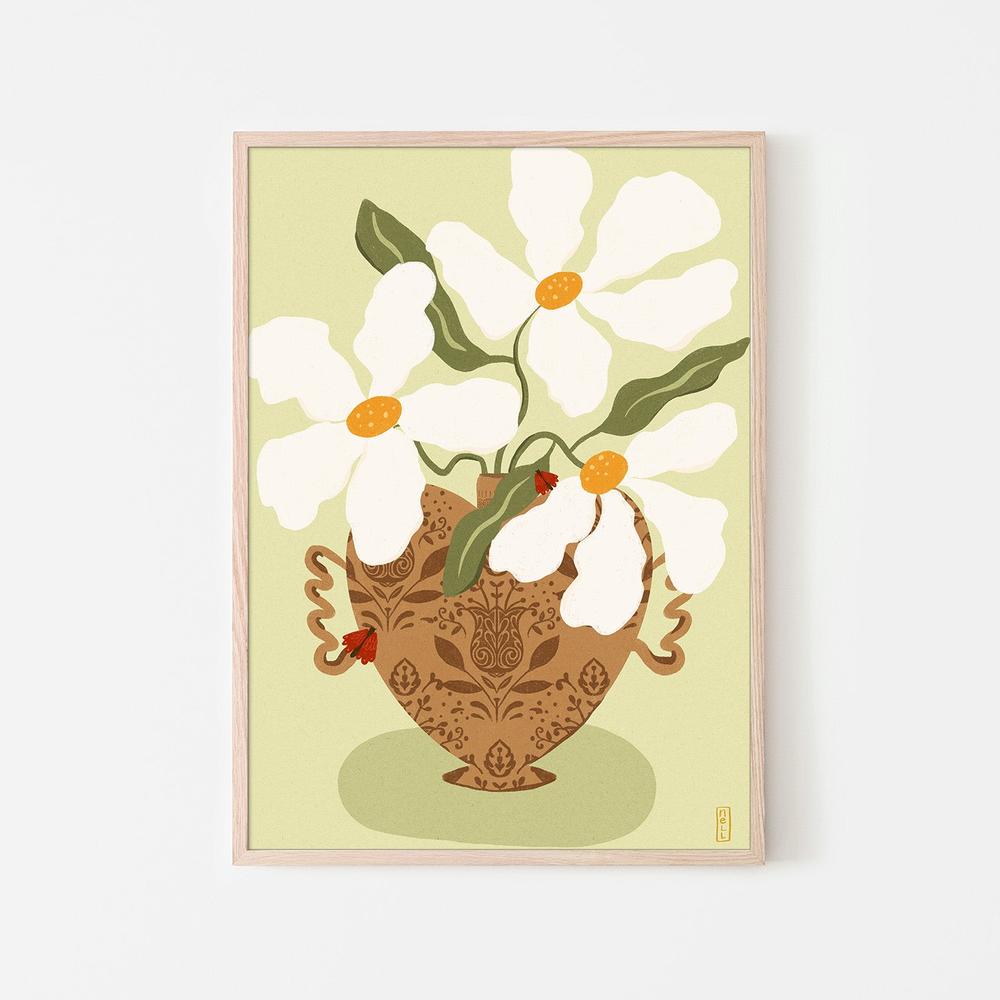 wall-art-print-canvas-poster-framed-White flowers in a Greek Vase Illustration-6