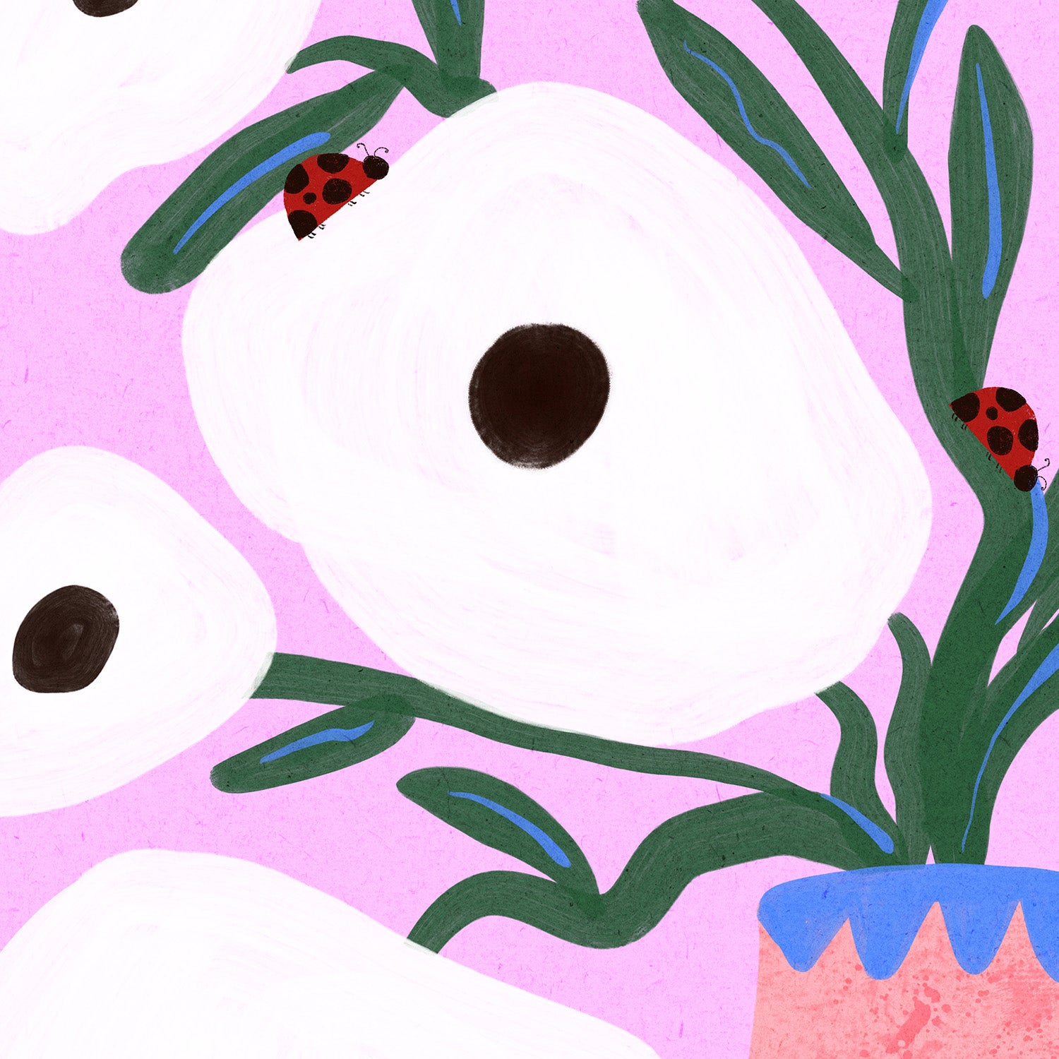 wall-art-print-canvas-poster-framed-White Poppies and Ladybirds Floral Illustration-10