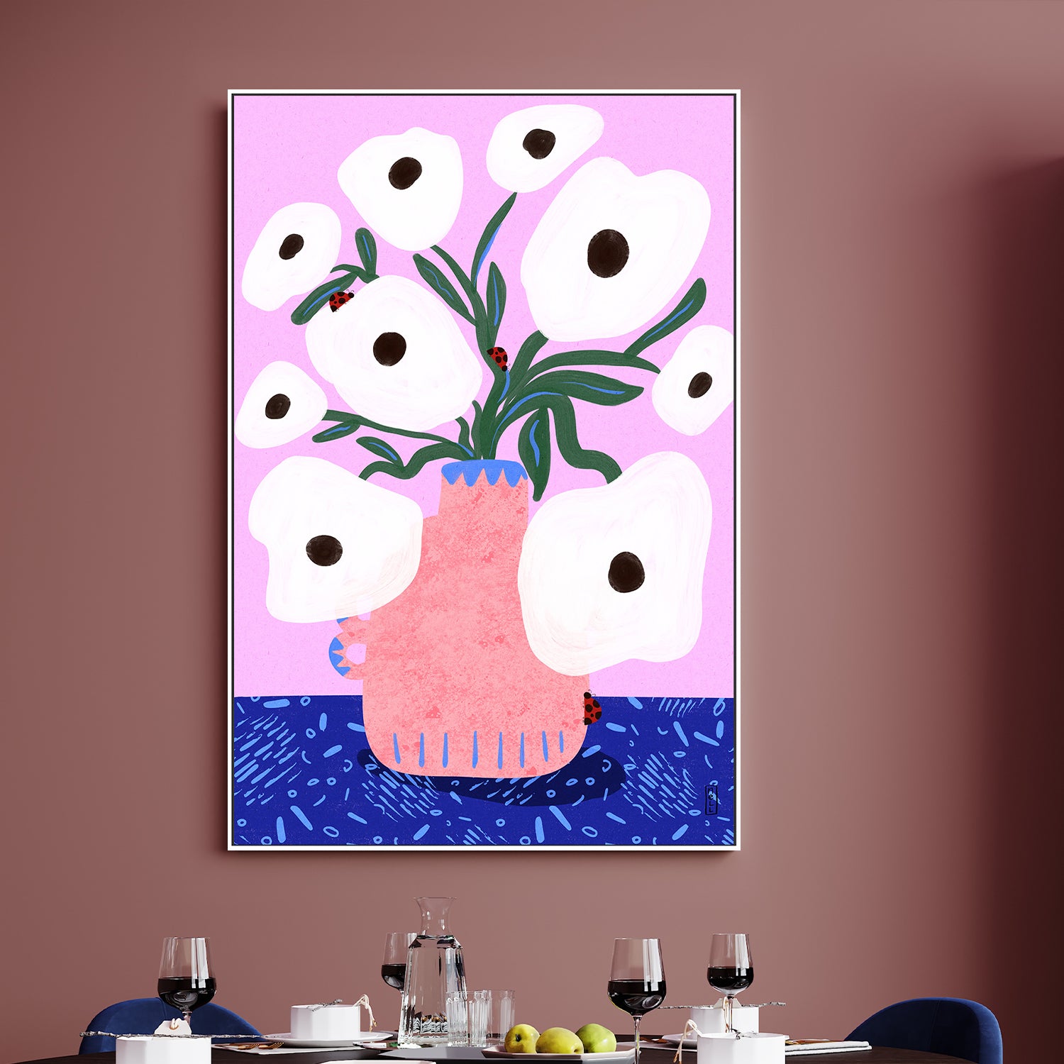 wall-art-print-canvas-poster-framed-White Poppies and Ladybirds Floral Illustration-2