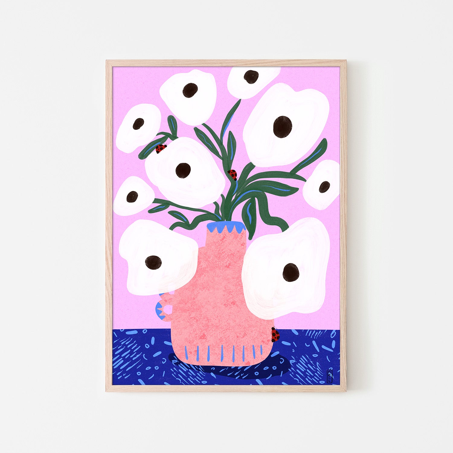 wall-art-print-canvas-poster-framed-White Poppies and Ladybirds Floral Illustration-6