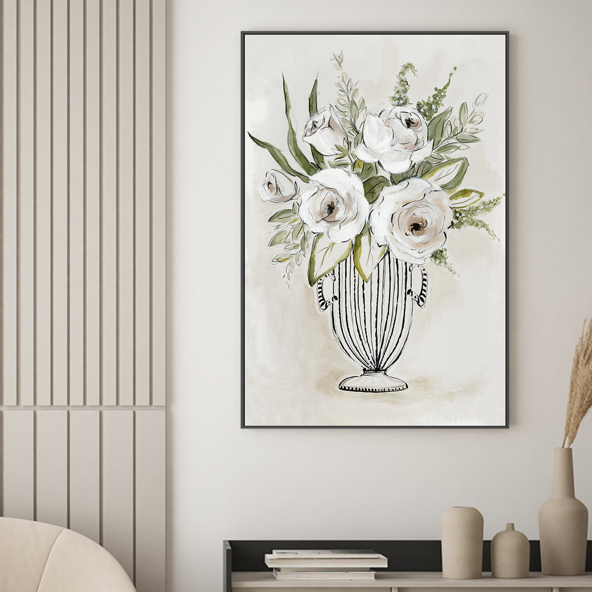 wall-art-print-canvas-poster-framed-White Roses in Striped Vase-2