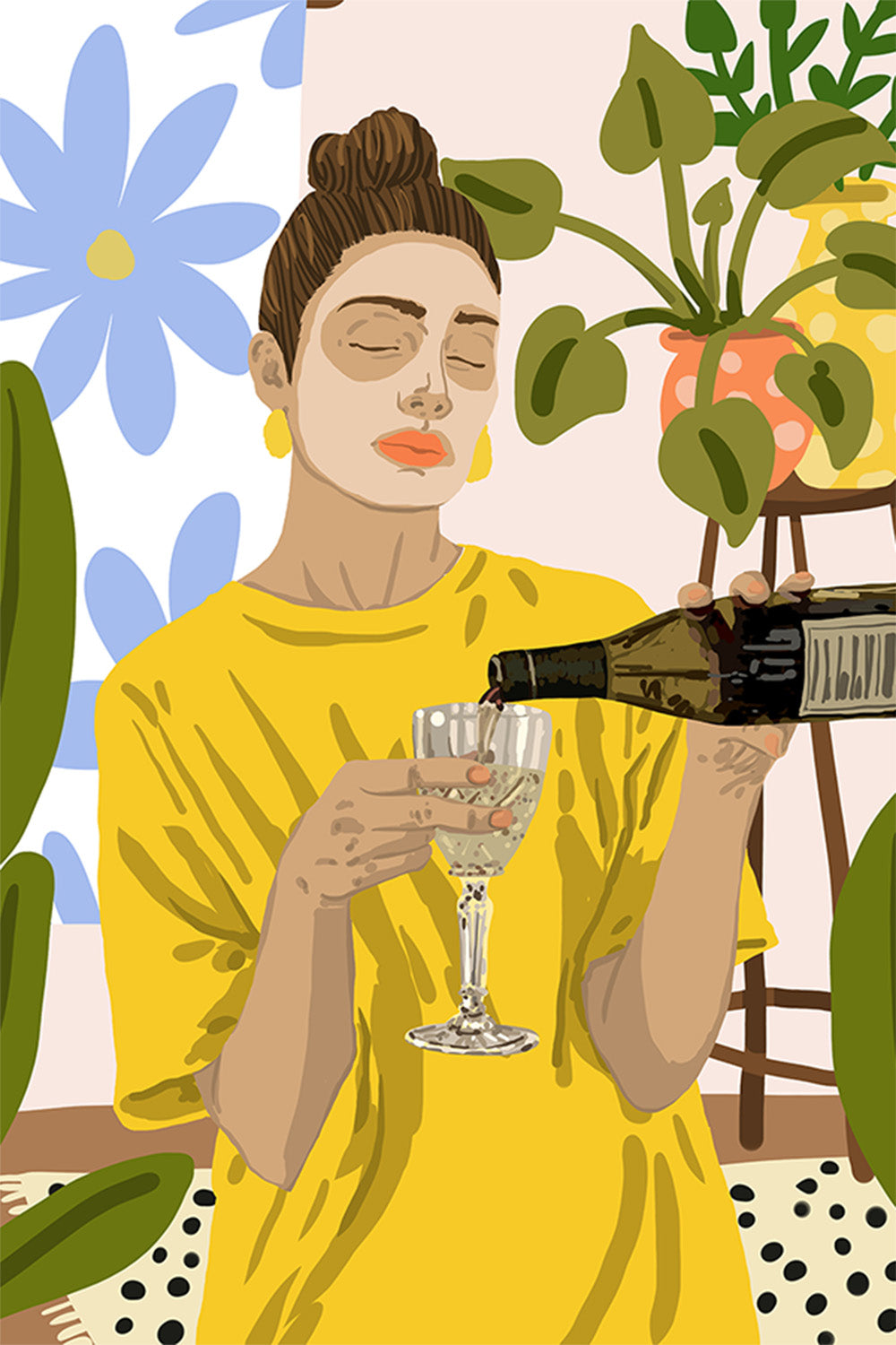 wall-art-print-canvas-poster-framed-Woman In A Yellow Shirt Pouring Wine-1