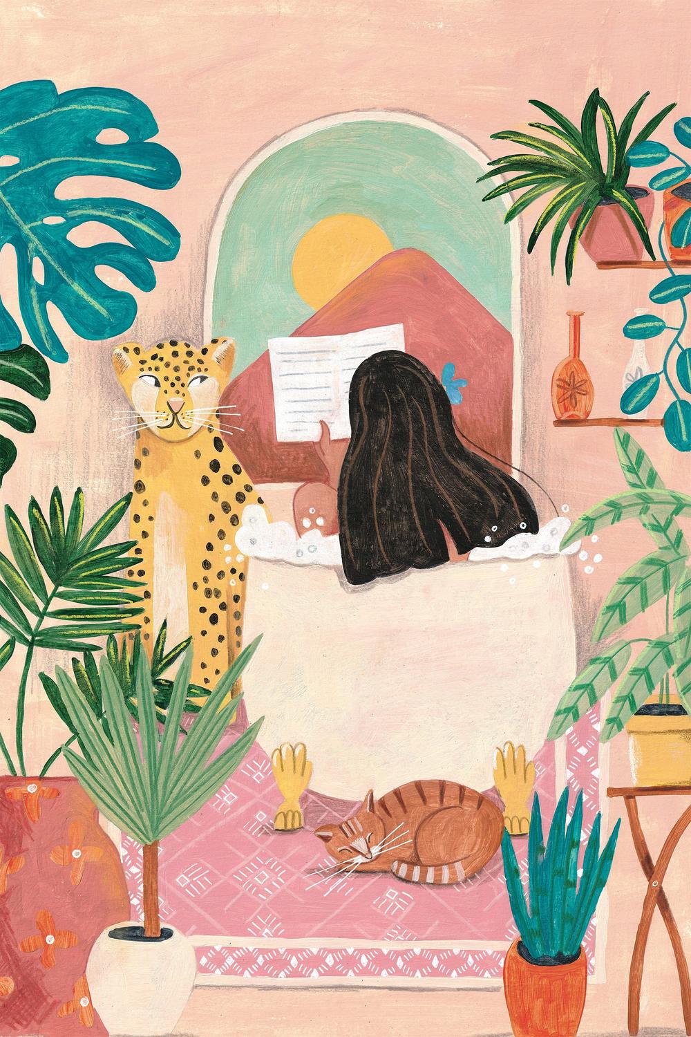 wall-art-print-canvas-poster-framed-Woman taking bath in pink tropical bathroom-1