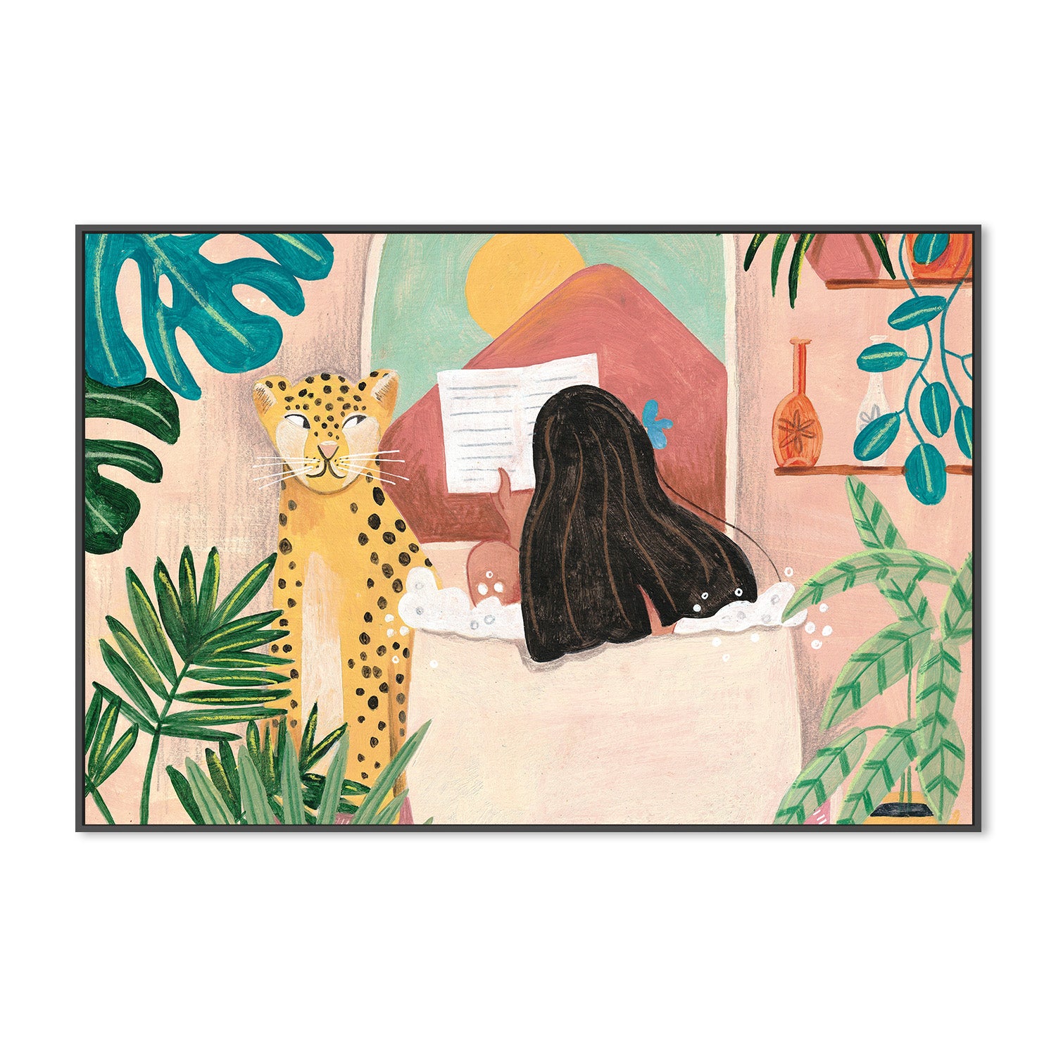 wall-art-print-canvas-poster-framed-Woman taking bath in pink tropical bathroom-3