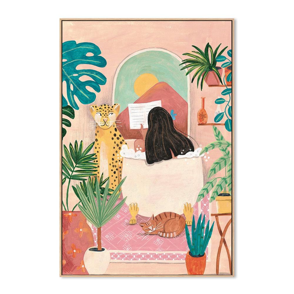 wall-art-print-canvas-poster-framed-Woman taking bath in pink tropical bathroom-4