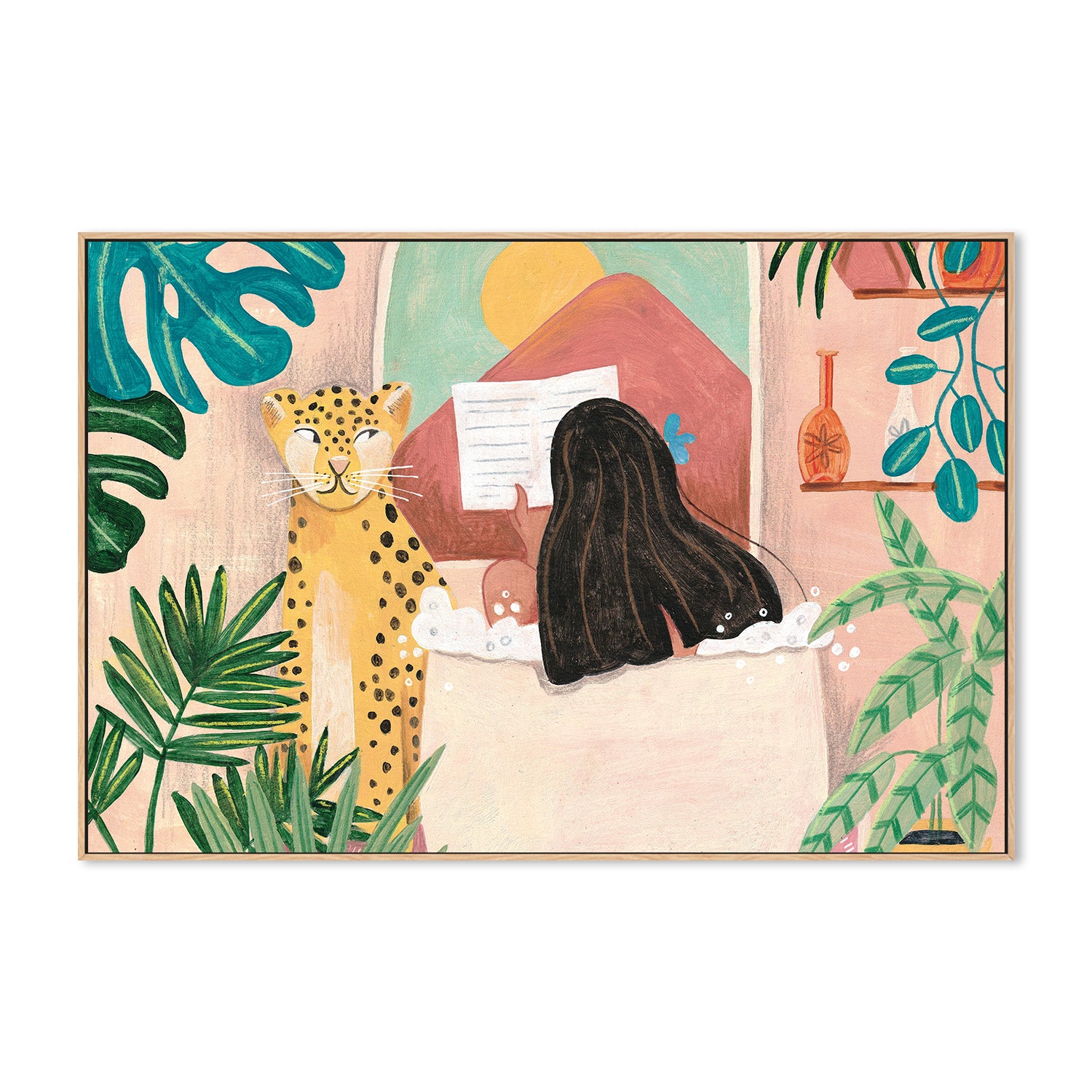 wall-art-print-canvas-poster-framed-Woman taking bath in pink tropical bathroom-4