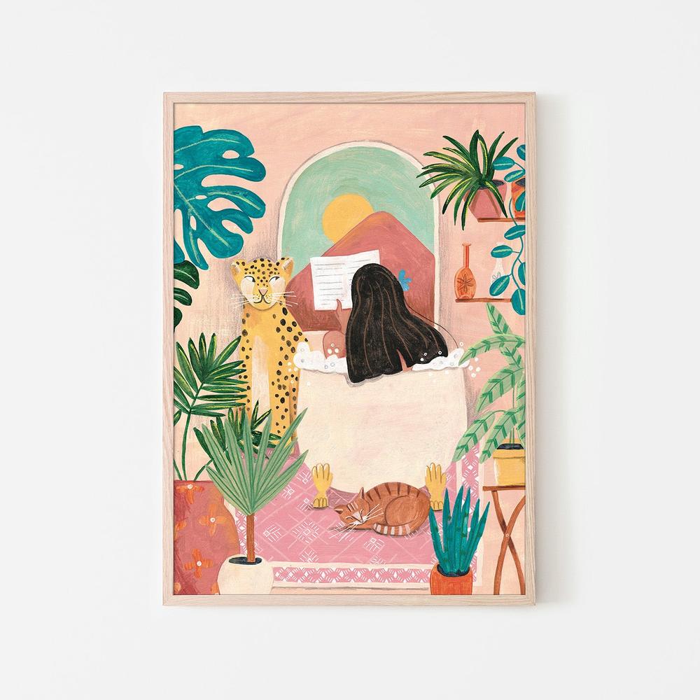 wall-art-print-canvas-poster-framed-Woman taking bath in pink tropical bathroom-6
