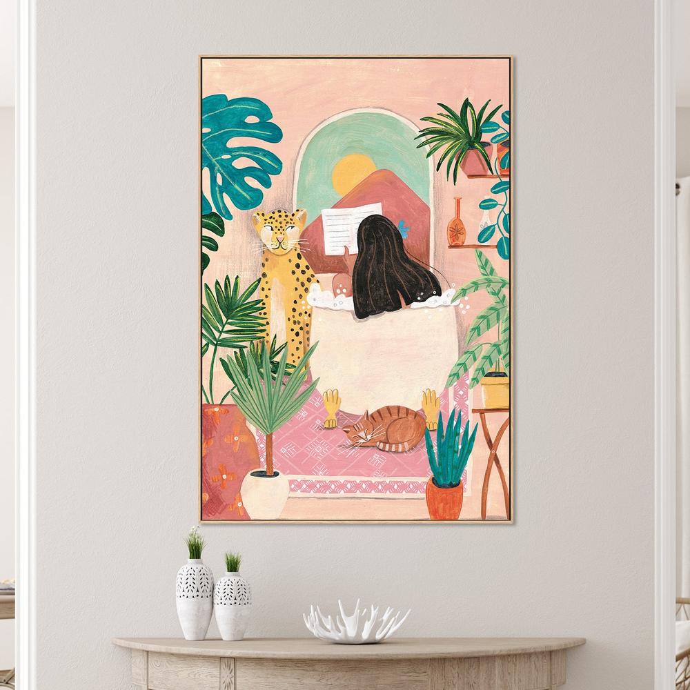 wall-art-print-canvas-poster-framed-Woman taking bath in pink tropical bathroom-7