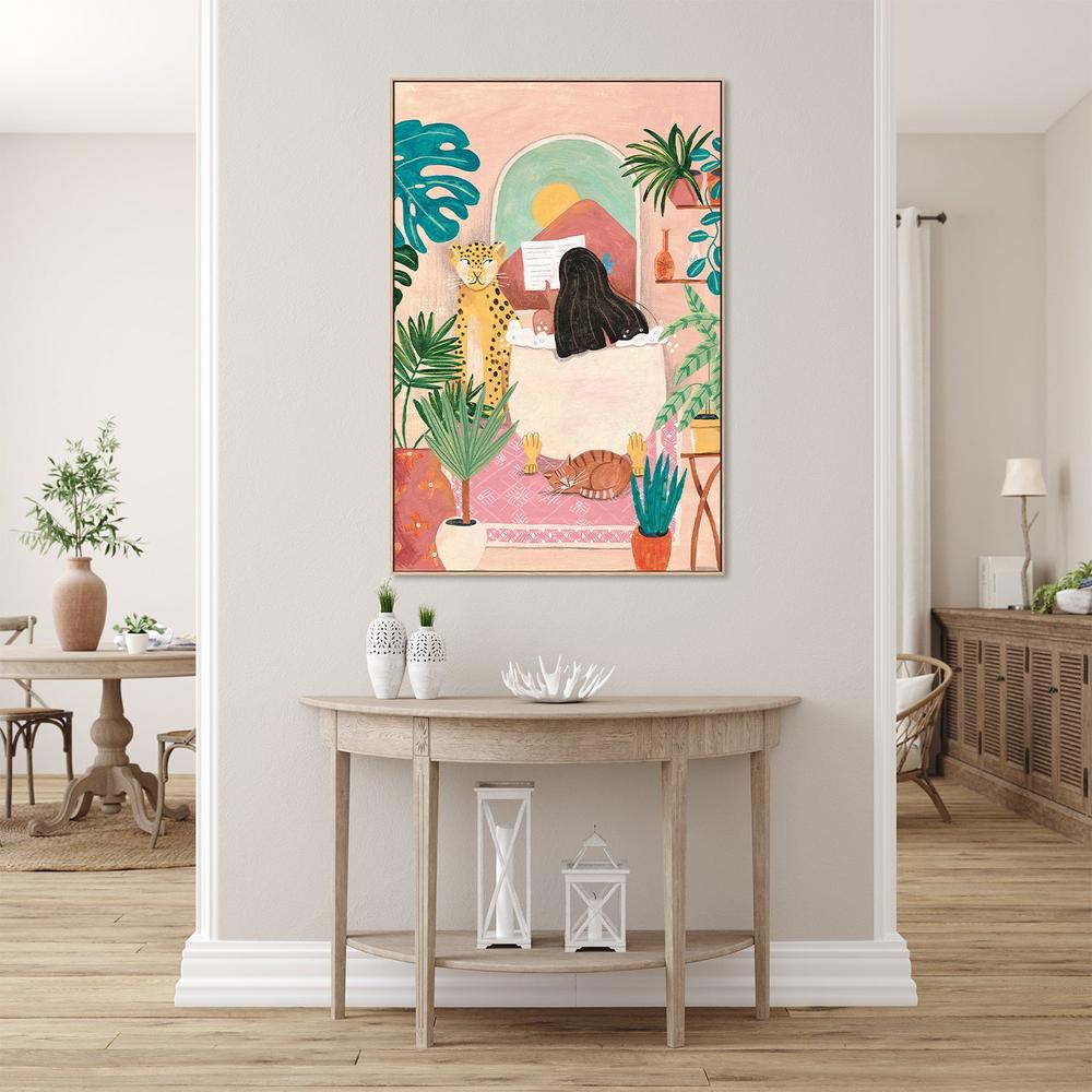 wall-art-print-canvas-poster-framed-Woman taking bath in pink tropical bathroom-8