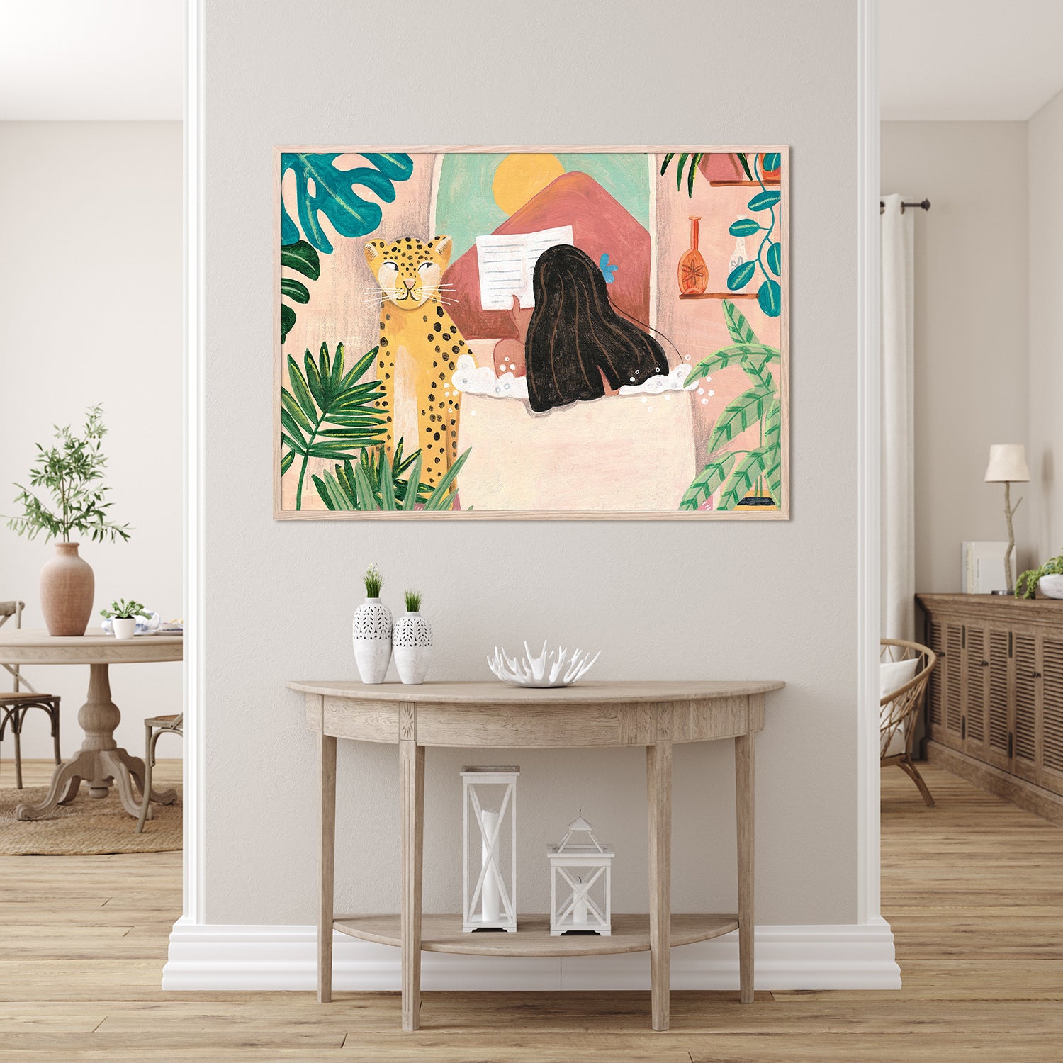 wall-art-print-canvas-poster-framed-Woman taking bath in pink tropical bathroom-9