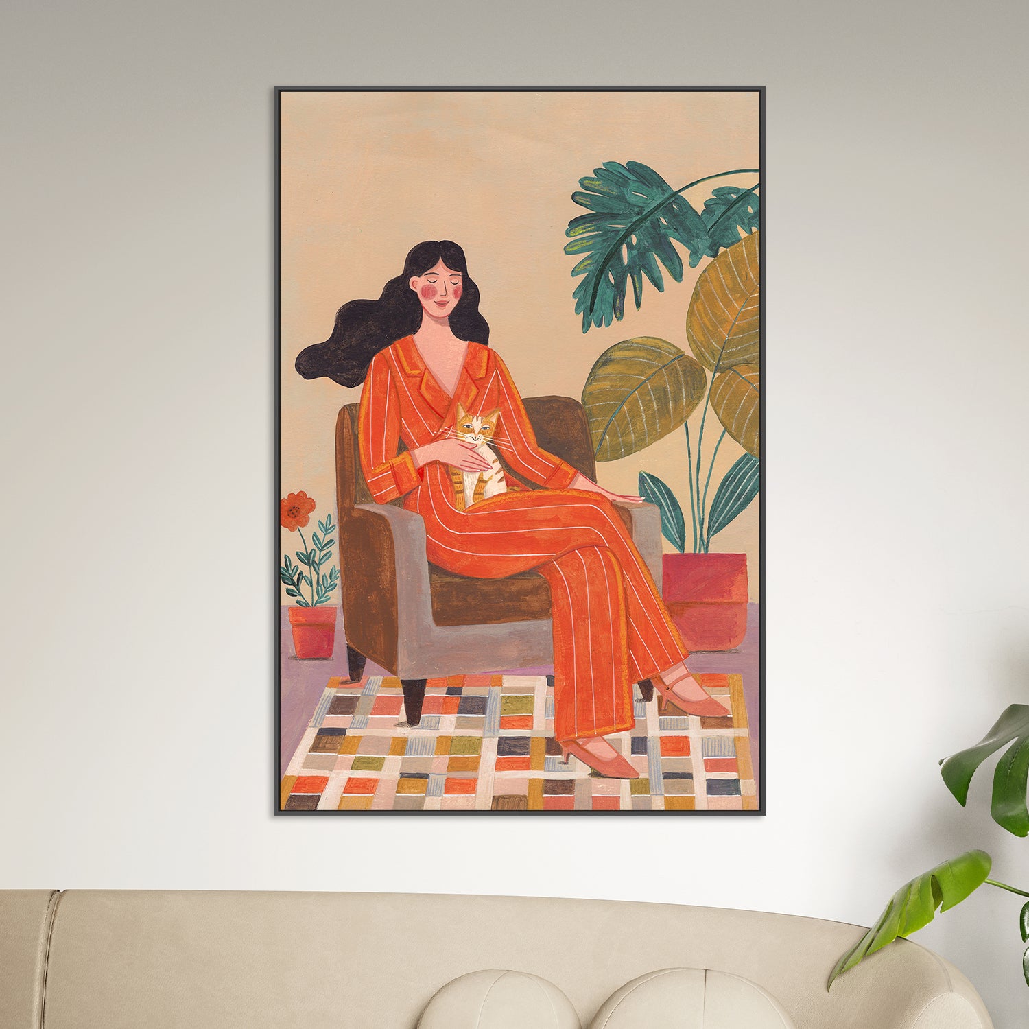wall-art-print-canvas-poster-framed-Woman with cat in living room with warm earth tones-7