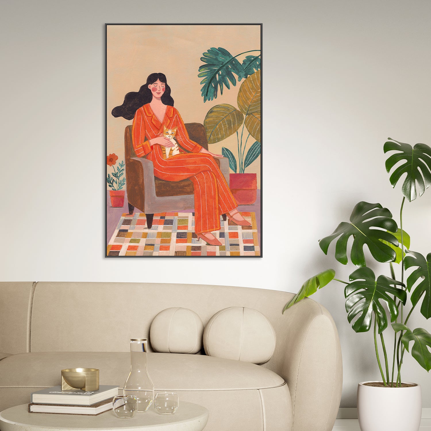 wall-art-print-canvas-poster-framed-Woman with cat in living room with warm earth tones-8