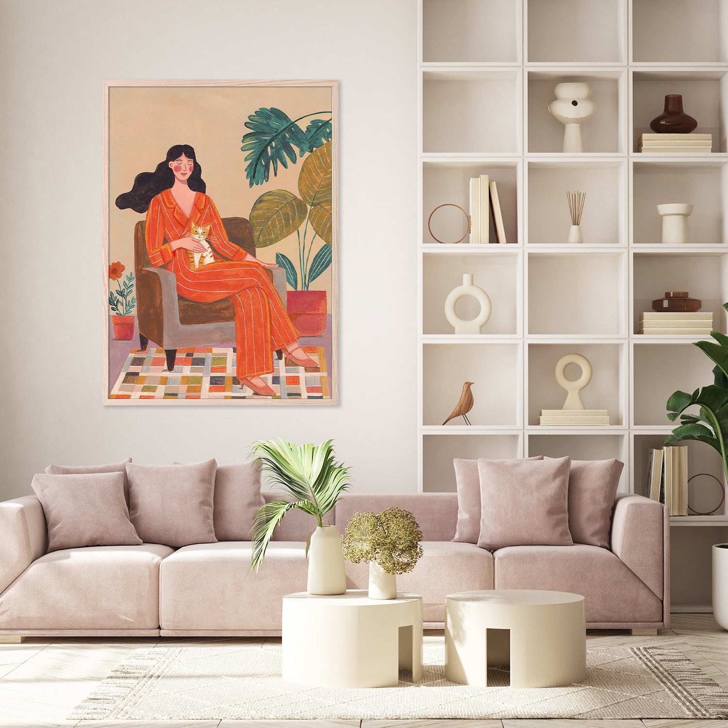 wall-art-print-canvas-poster-framed-Woman with cat in living room with warm earth tones-9