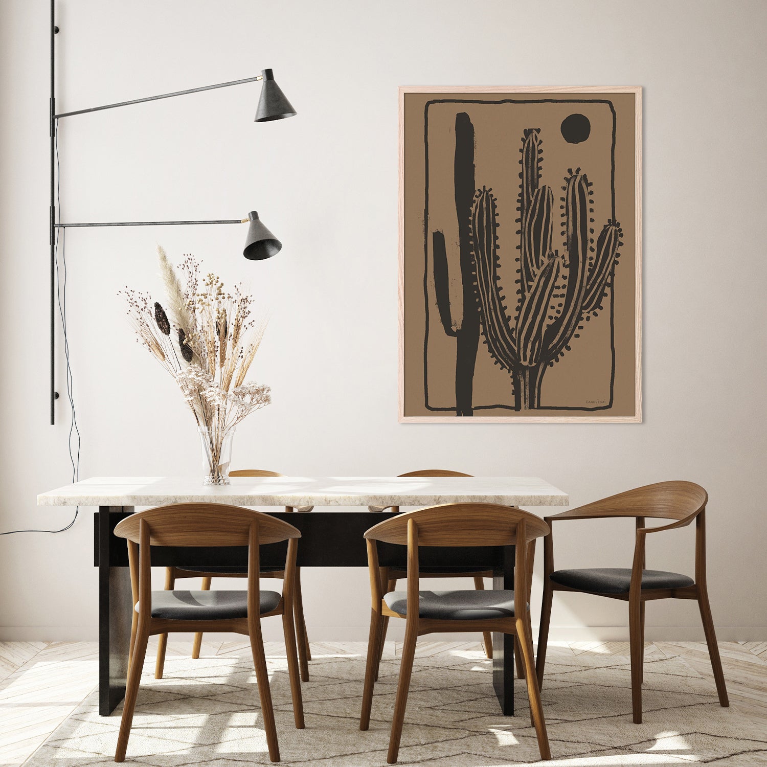 wall-art-print-canvas-poster-framed-Woodcut Cactus , Style B, Natural-8