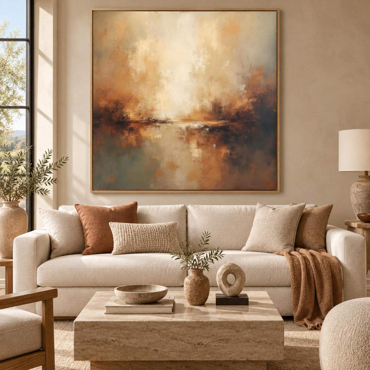 Warm Light on Weathered Earth in an oak floating frame above a contemporary neutral sofa