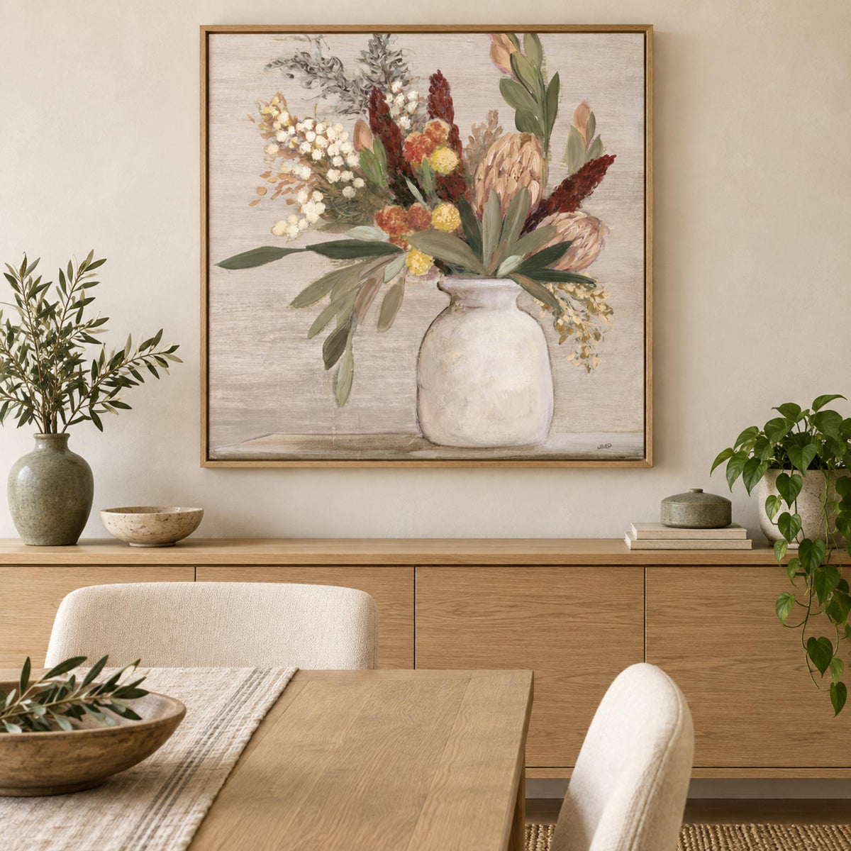 Warm Protea, Style A wall art styled in a warm contemporary dining room