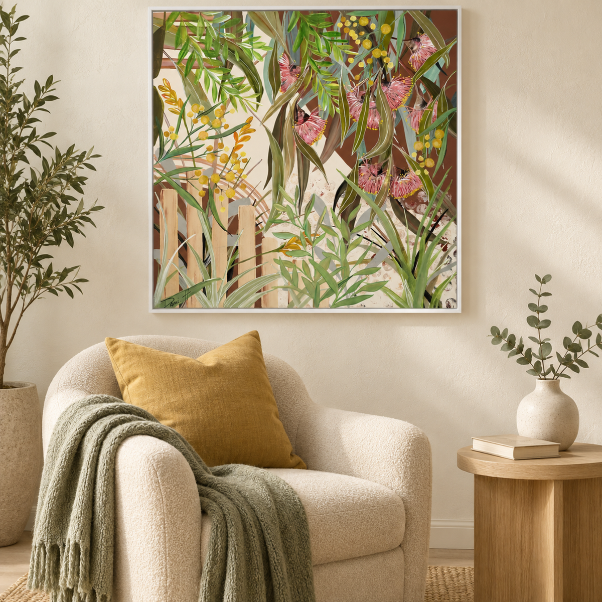 Wattle wall art in a light contemporary reading corner
