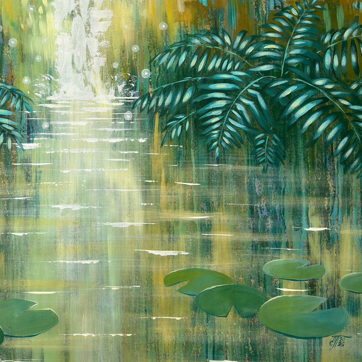 Sparkling Waterfall by an Emerald Forest Pond - Original Artwork