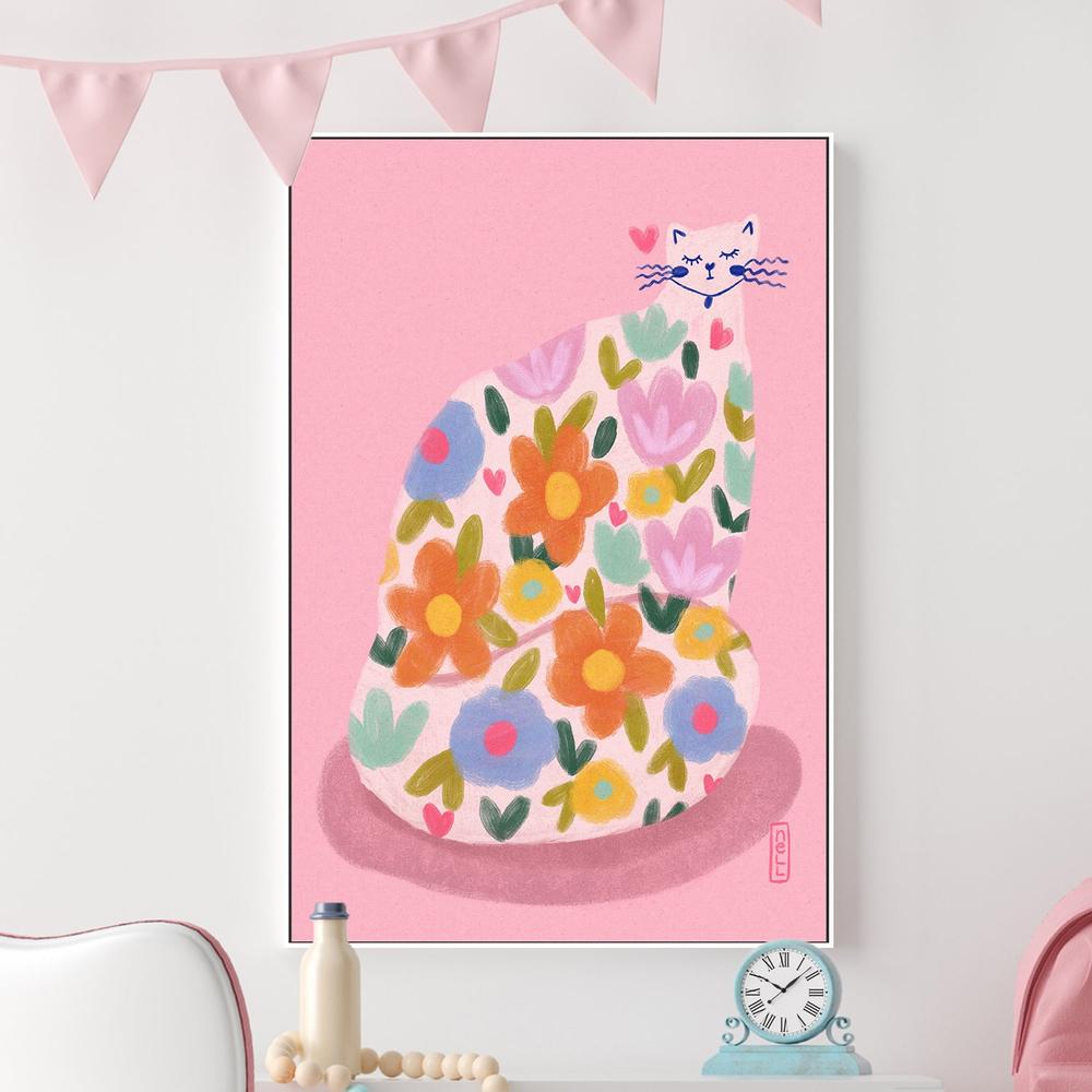 Whimsical Flower Cat-by-Dirkie Nell-wall-art-print-canvas-poster-framed-Gioia
