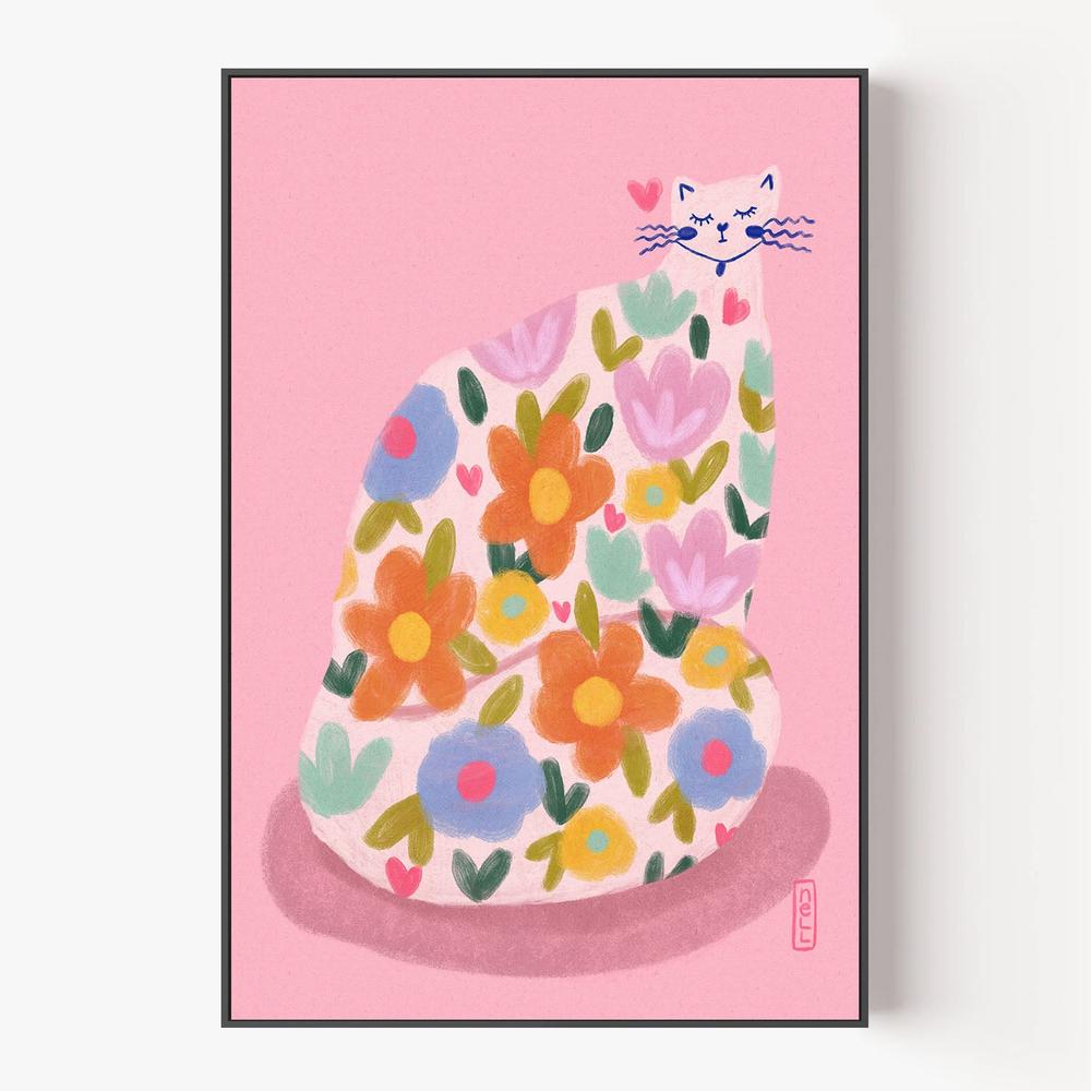 Whimsical Flower Cat-by-Dirkie Nell-wall-art-print-canvas-poster-framed-Gioia