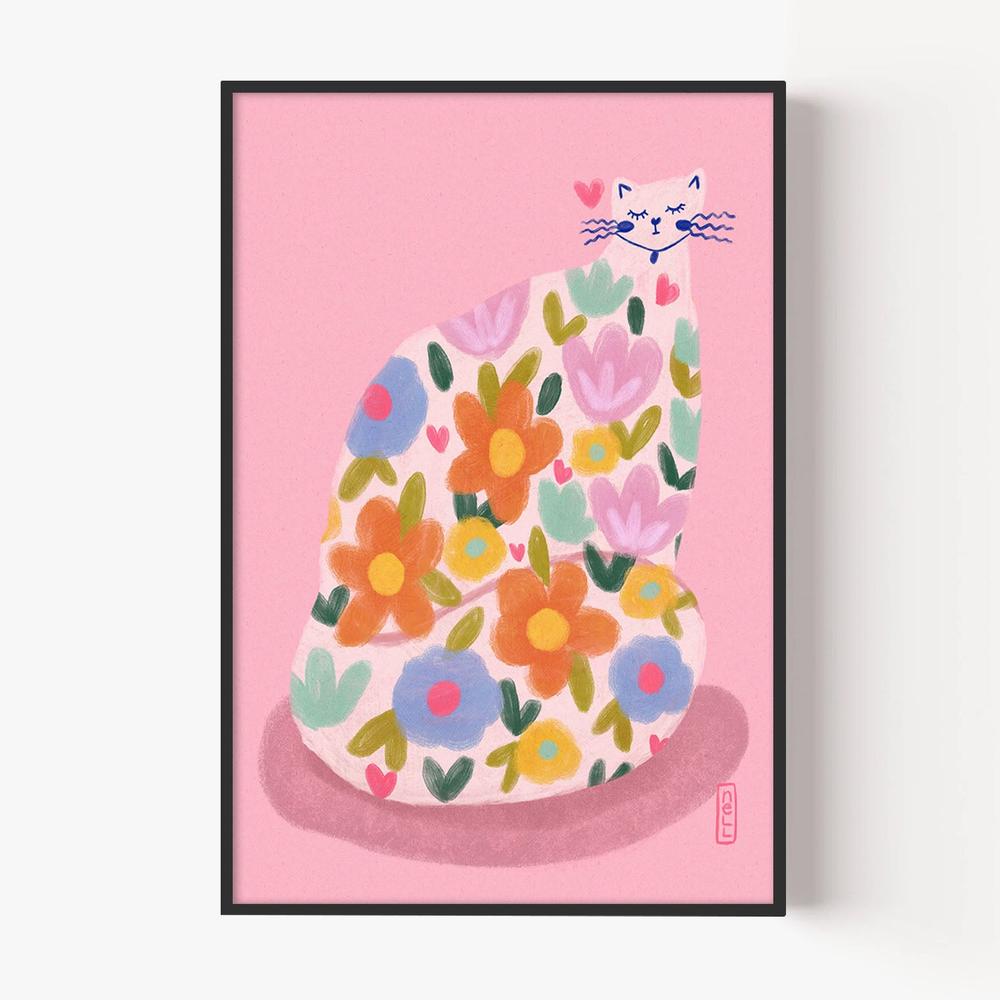 Whimsical Flower Cat-by-Dirkie Nell-wall-art-print-canvas-poster-framed-Gioia