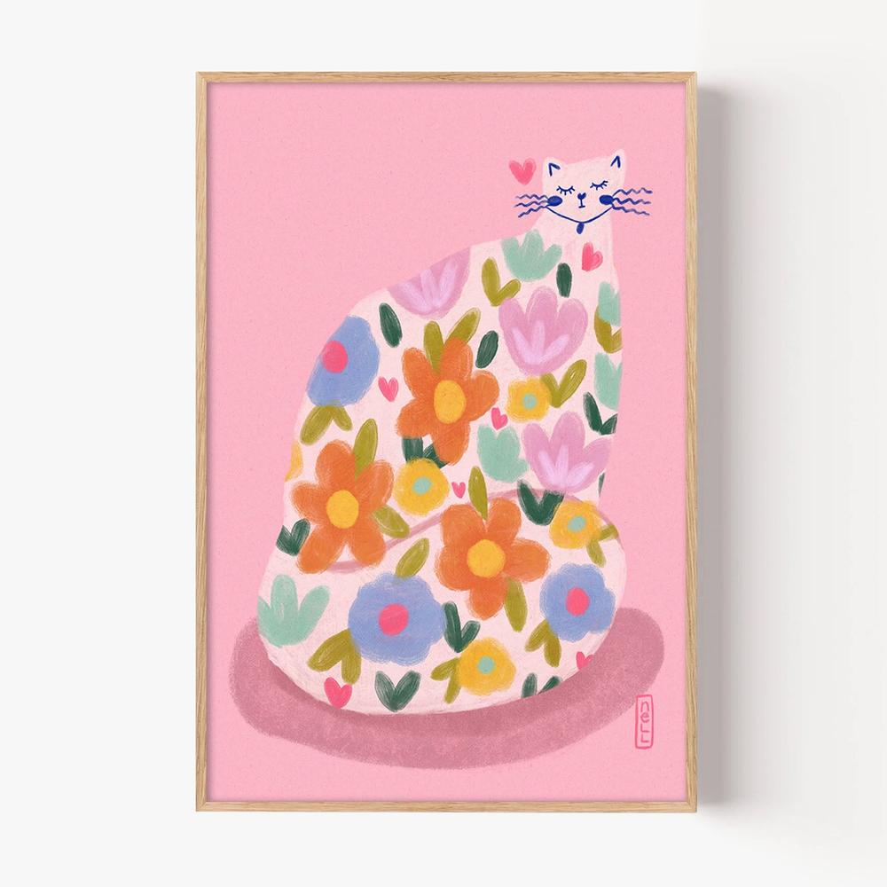 Whimsical Flower Cat-by-Dirkie Nell-wall-art-print-canvas-poster-framed-Gioia
