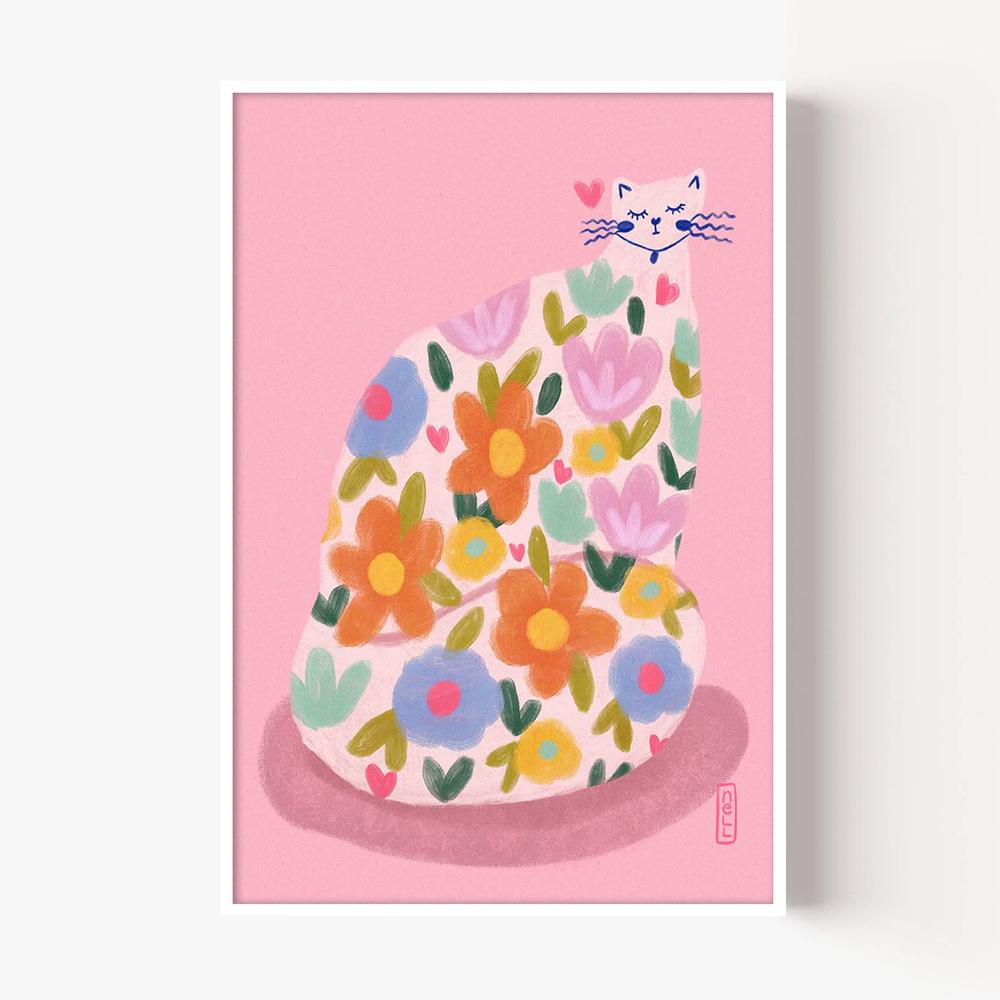 Whimsical Flower Cat-by-Dirkie Nell-wall-art-print-canvas-poster-framed-Gioia