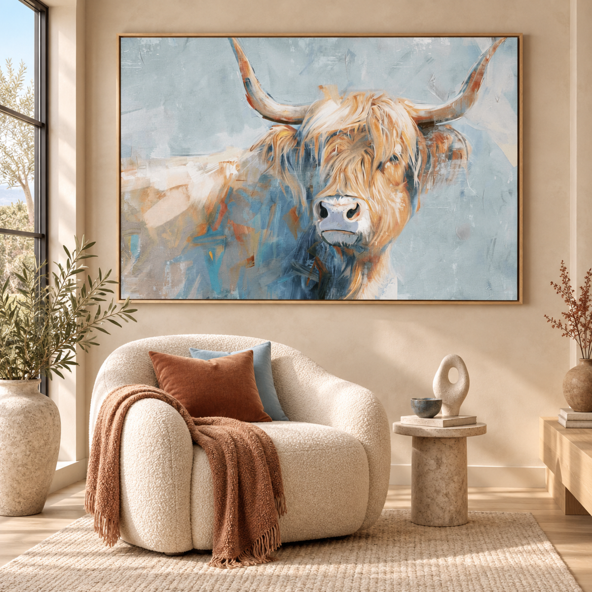 Whimsical Highland Cow Style A in an oak floating frame above a contemporary single seat sofa